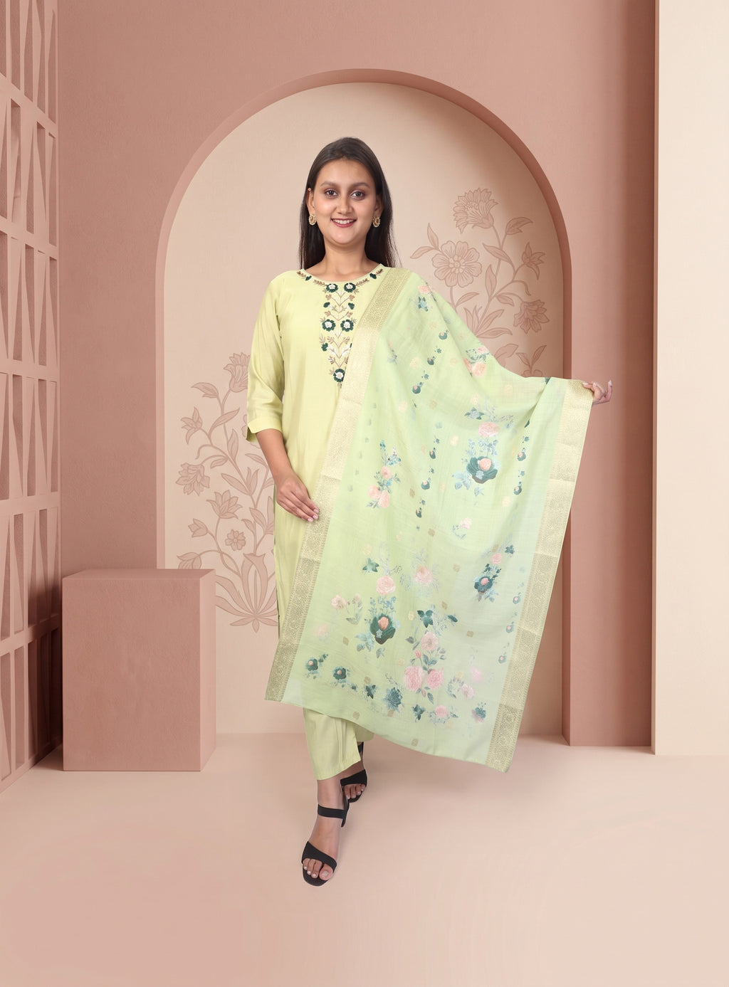 Pastel green silk blend straight suit set with dupatta