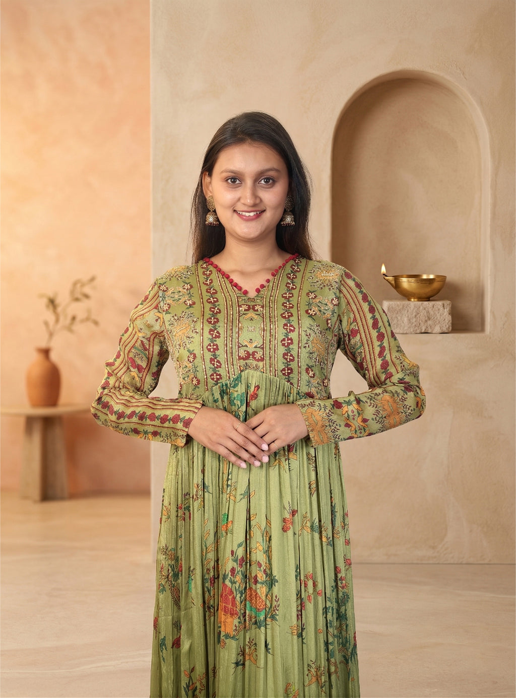 Green chinon hand work anarkali with dupatta