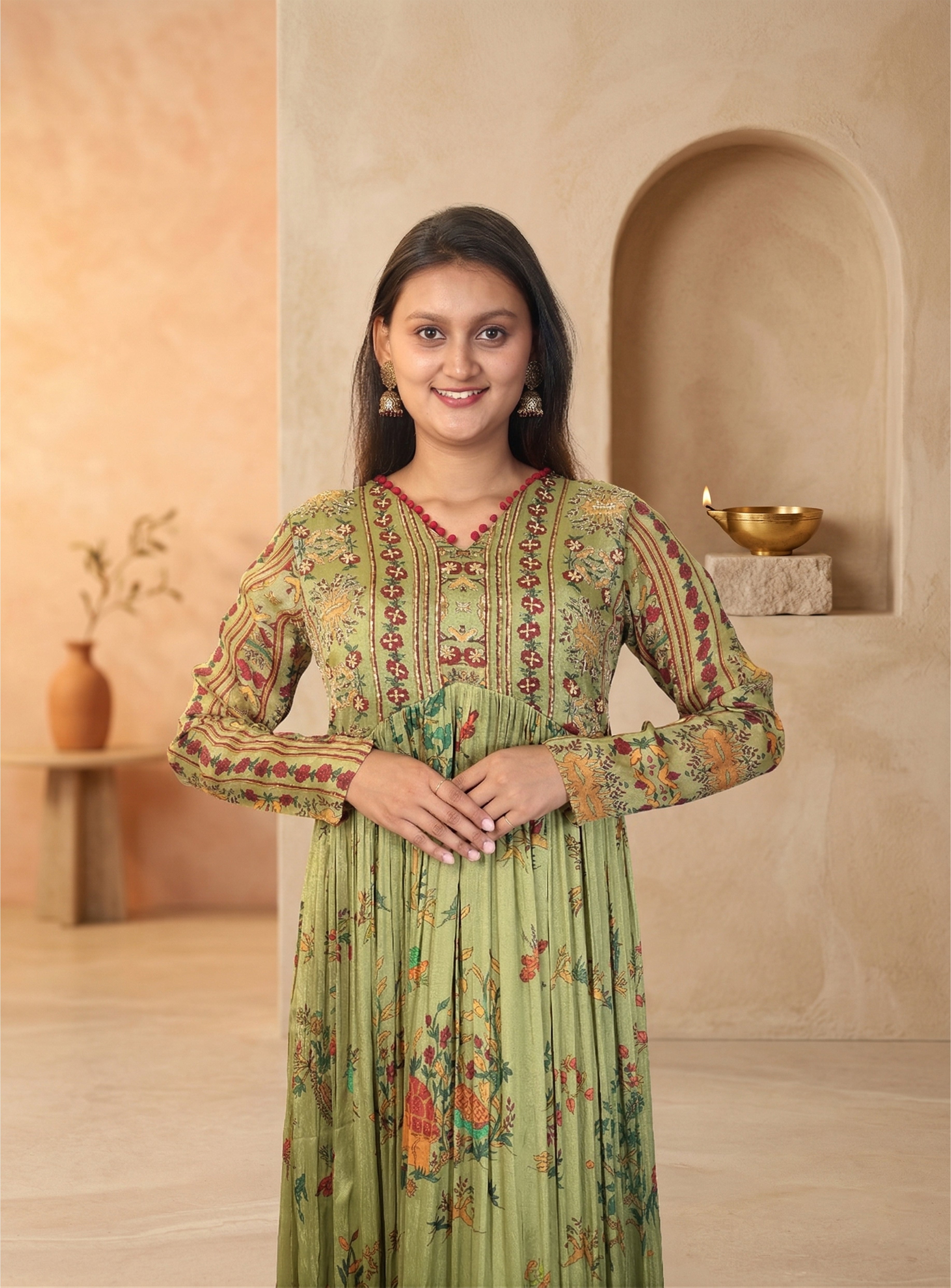 Green chinon hand work anarkali with dupatta