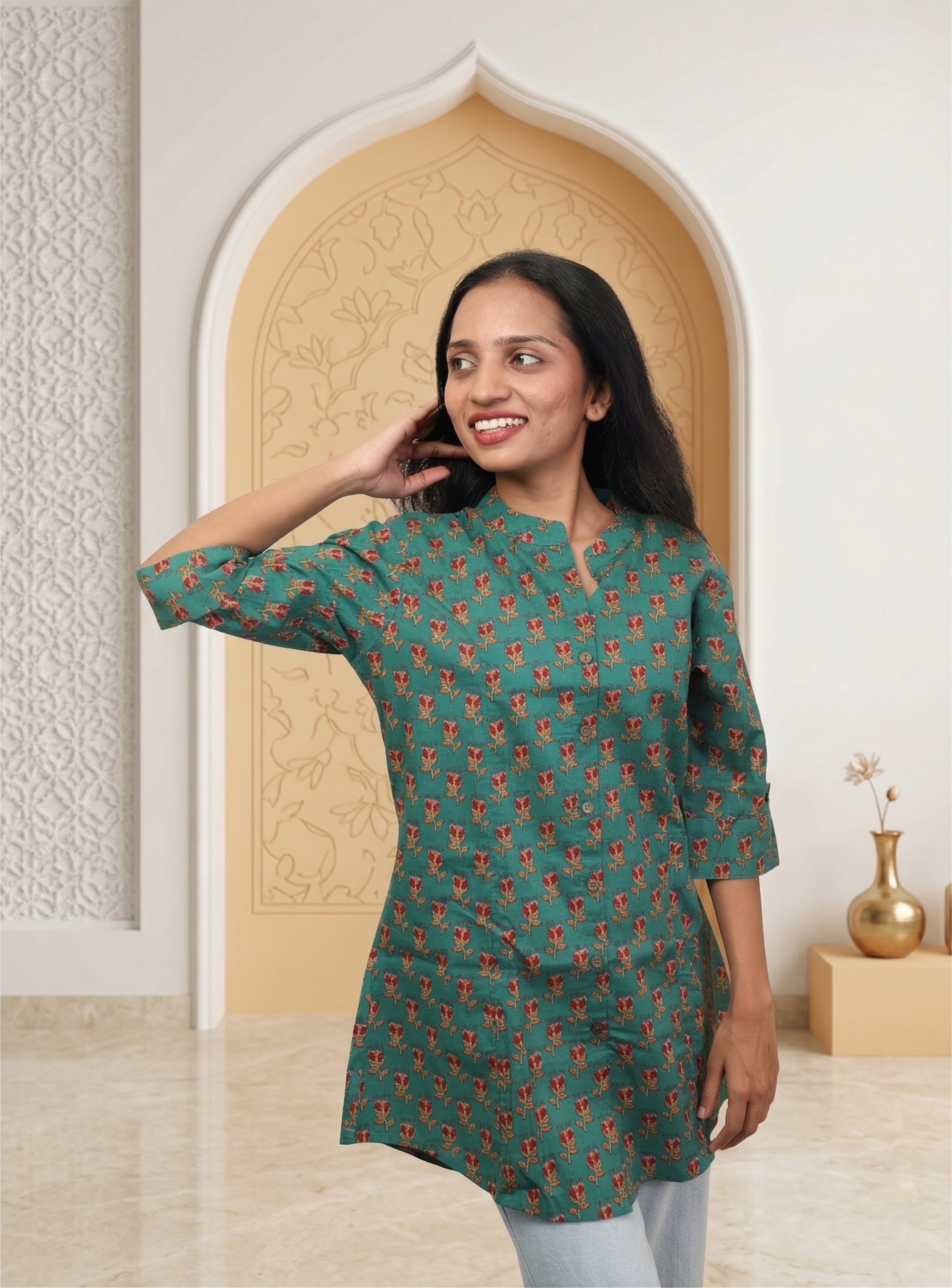 Green cotton blockprint short kurti