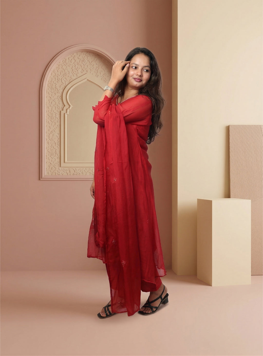 Red banarasi mul chanderi A-line suit-set with dupatta