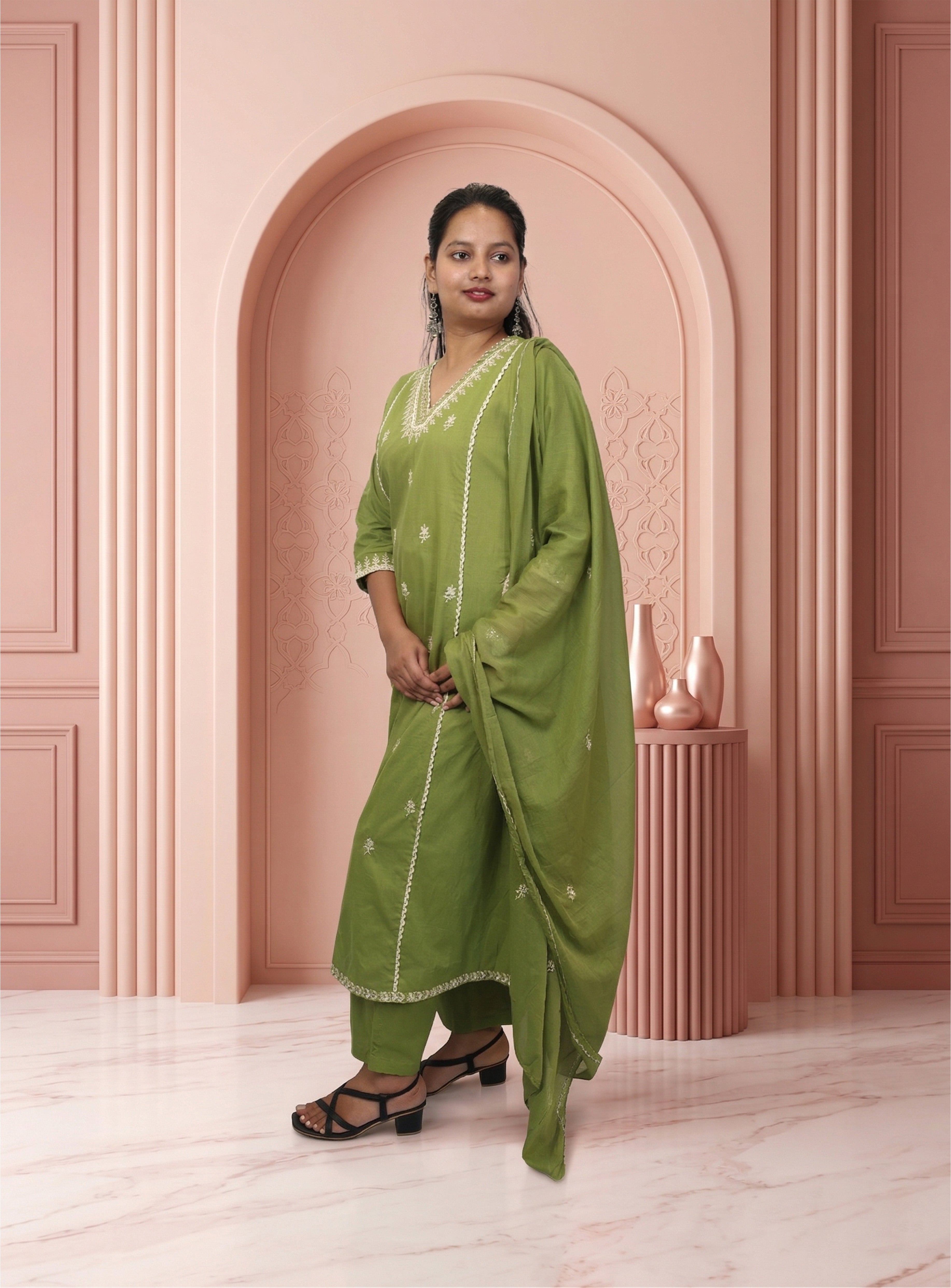 Green cotton thread work A-line suit-set with dupatta