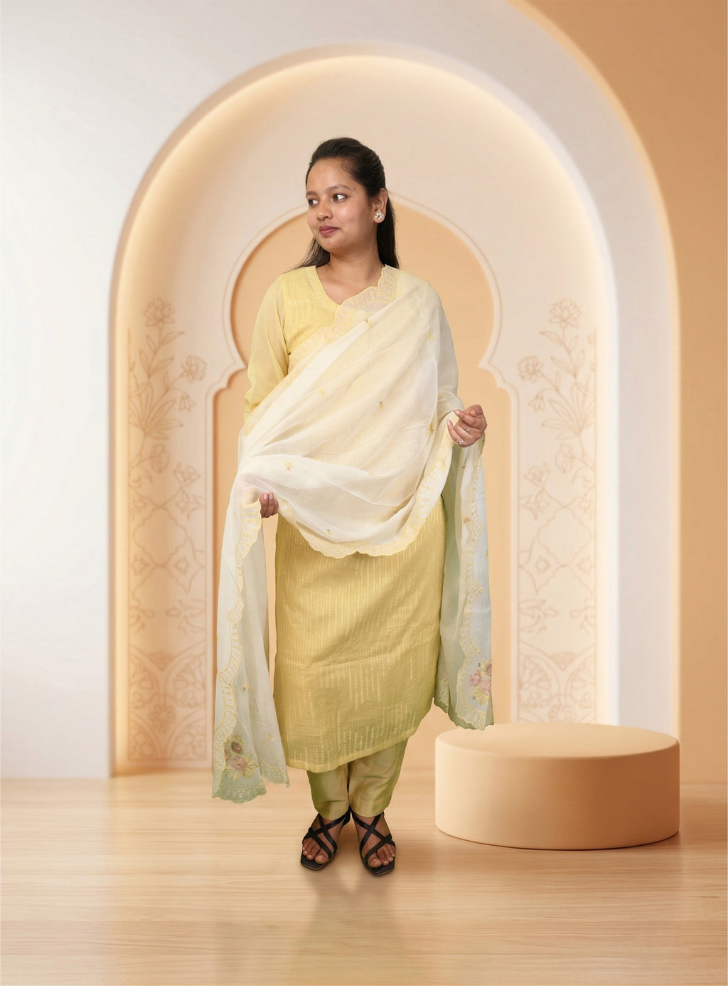 Light Yellow banarasi mul chanderi straight suit-set with dupatta