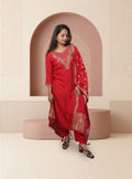 Red dola silk A-line suit-set with dupatta