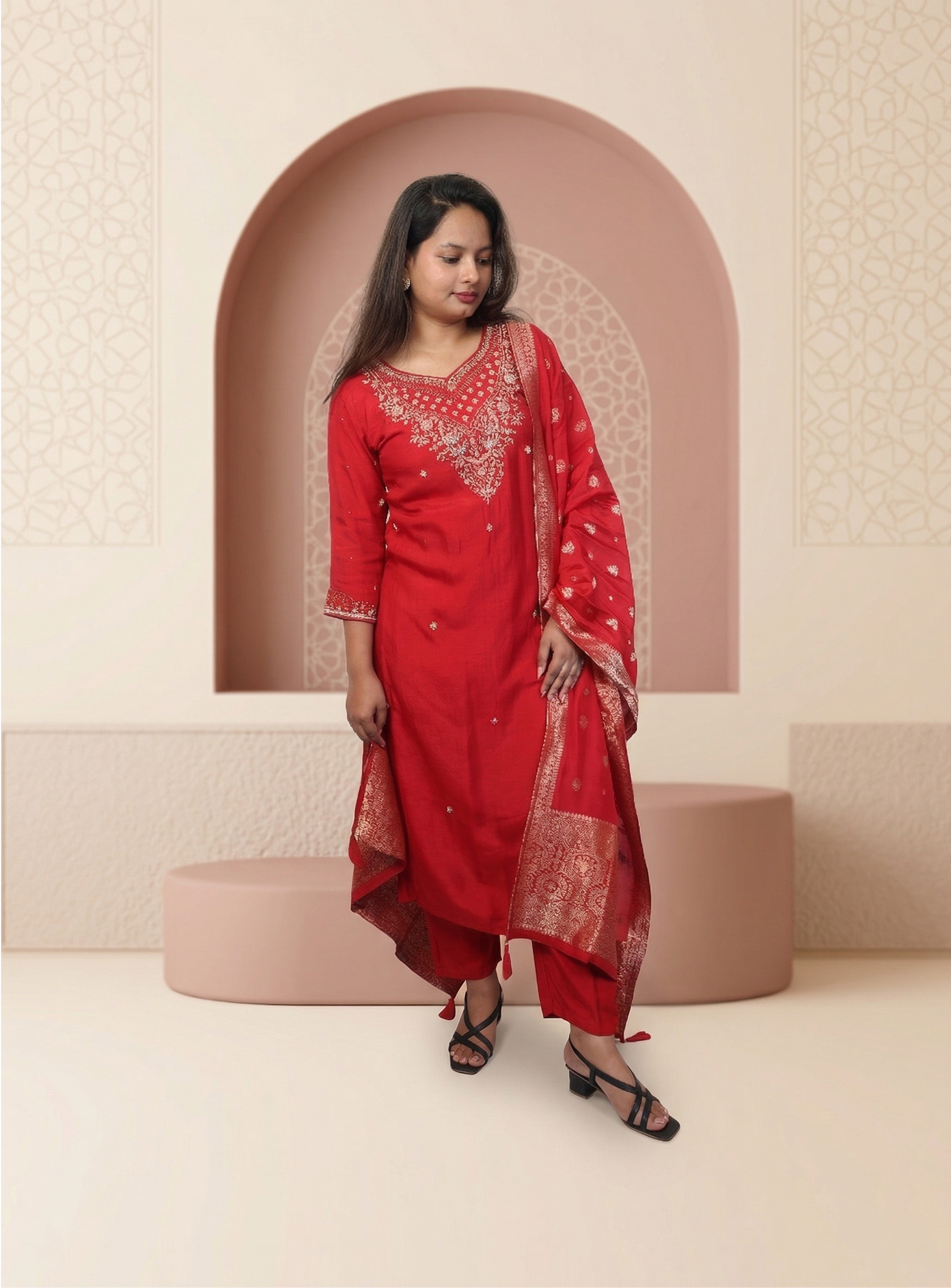 Red dola silk A-line suit-set with dupatta