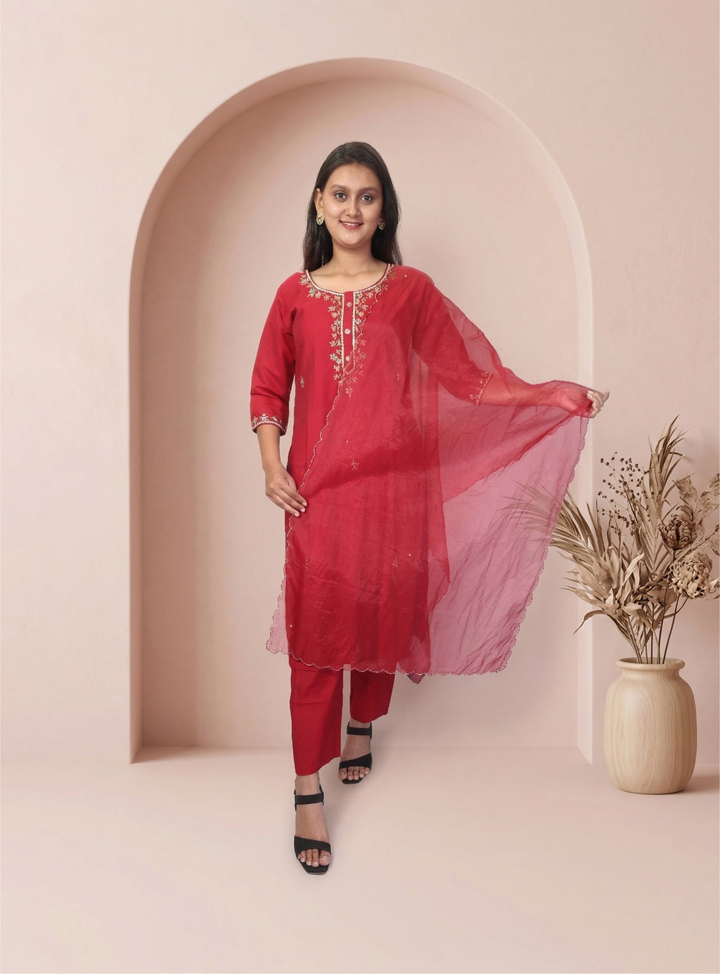 Red silk blend hand work straight suit set with dupatta