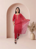 Red silk blend hand work straight suit set with dupatta