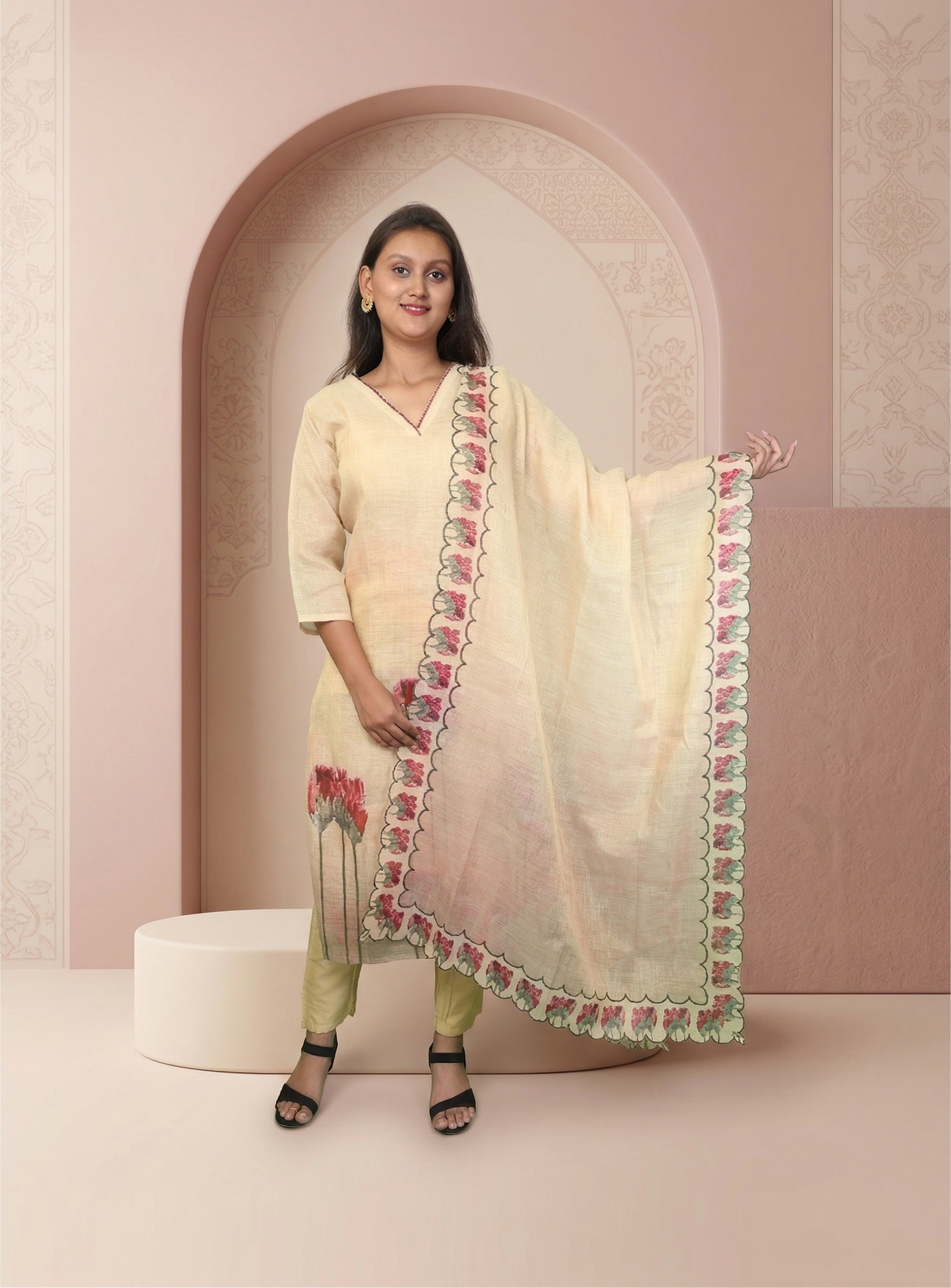 Beige Linen Handpainted straight suit-set with Dupatta