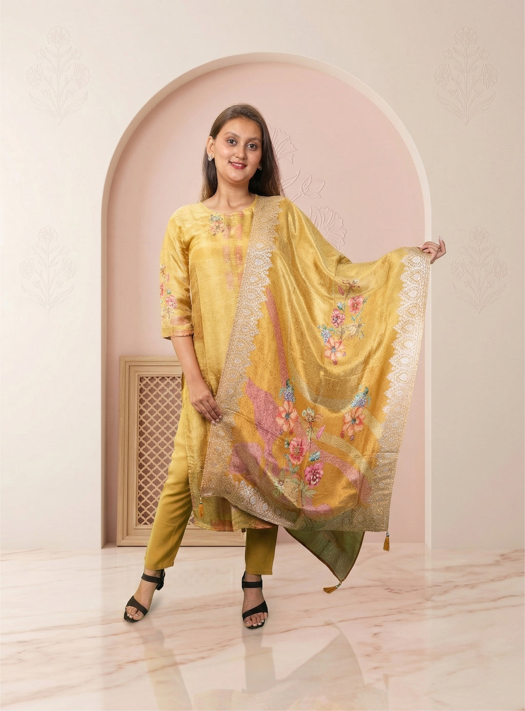 Musterd pure creap printed straight suit set with dupatta