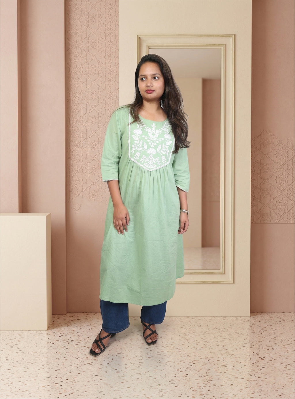 Pista thread work cotton A-line kurta