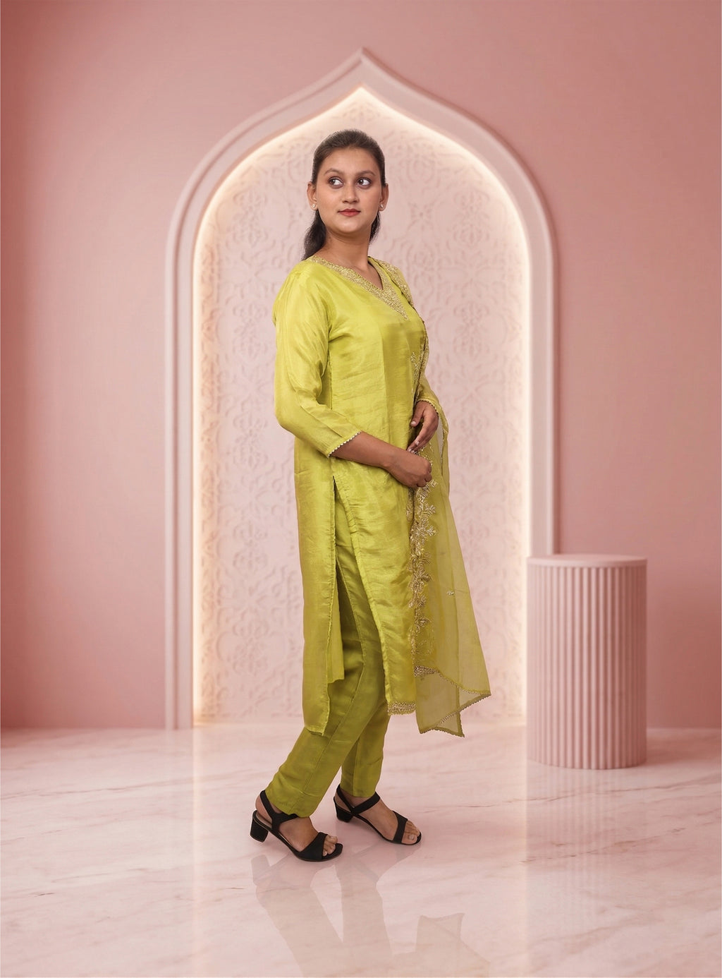 Green tissue shimer straight suit-set, with dupatta