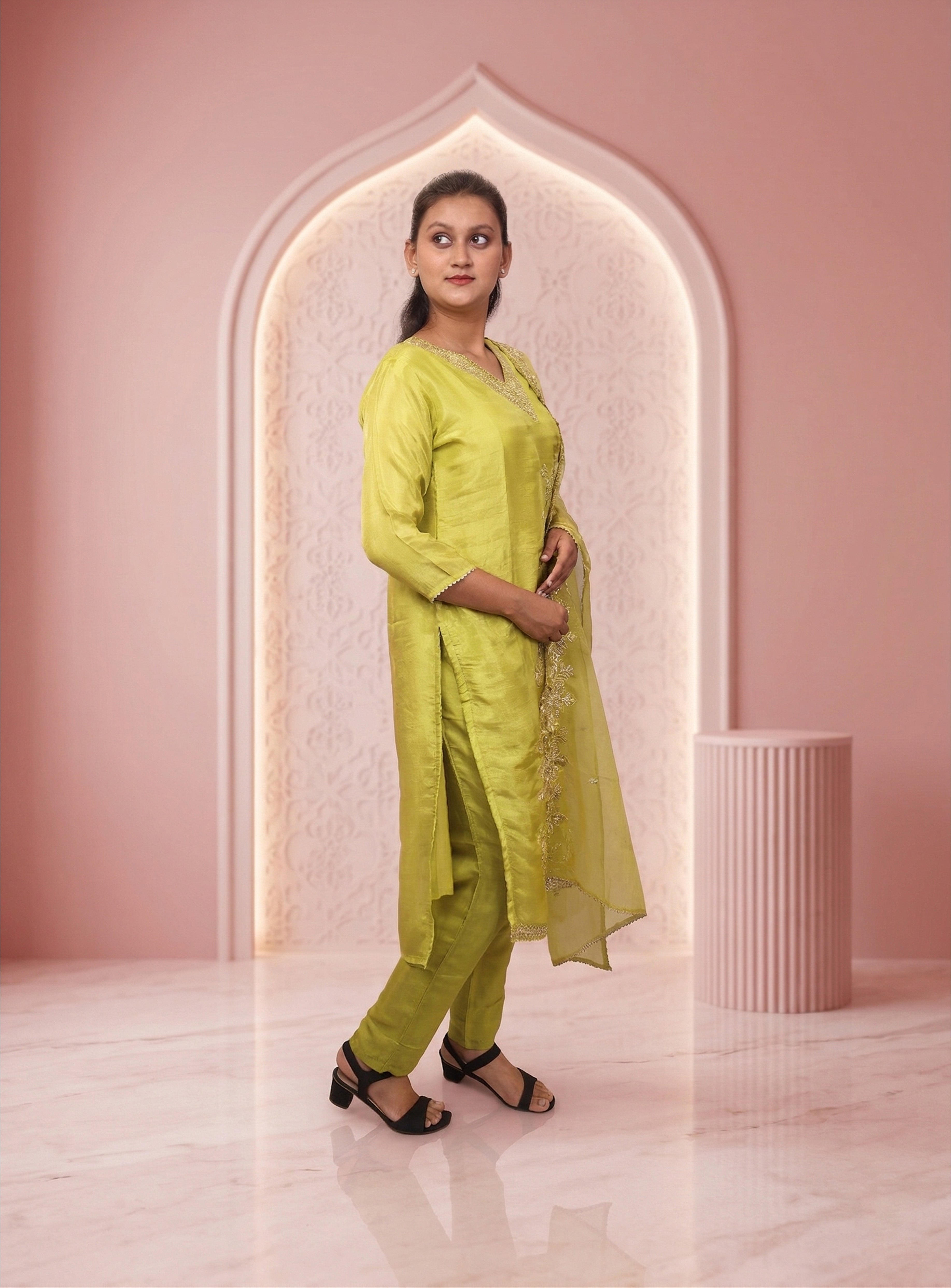 Green tissue shimer straight suit-set, with dupatta