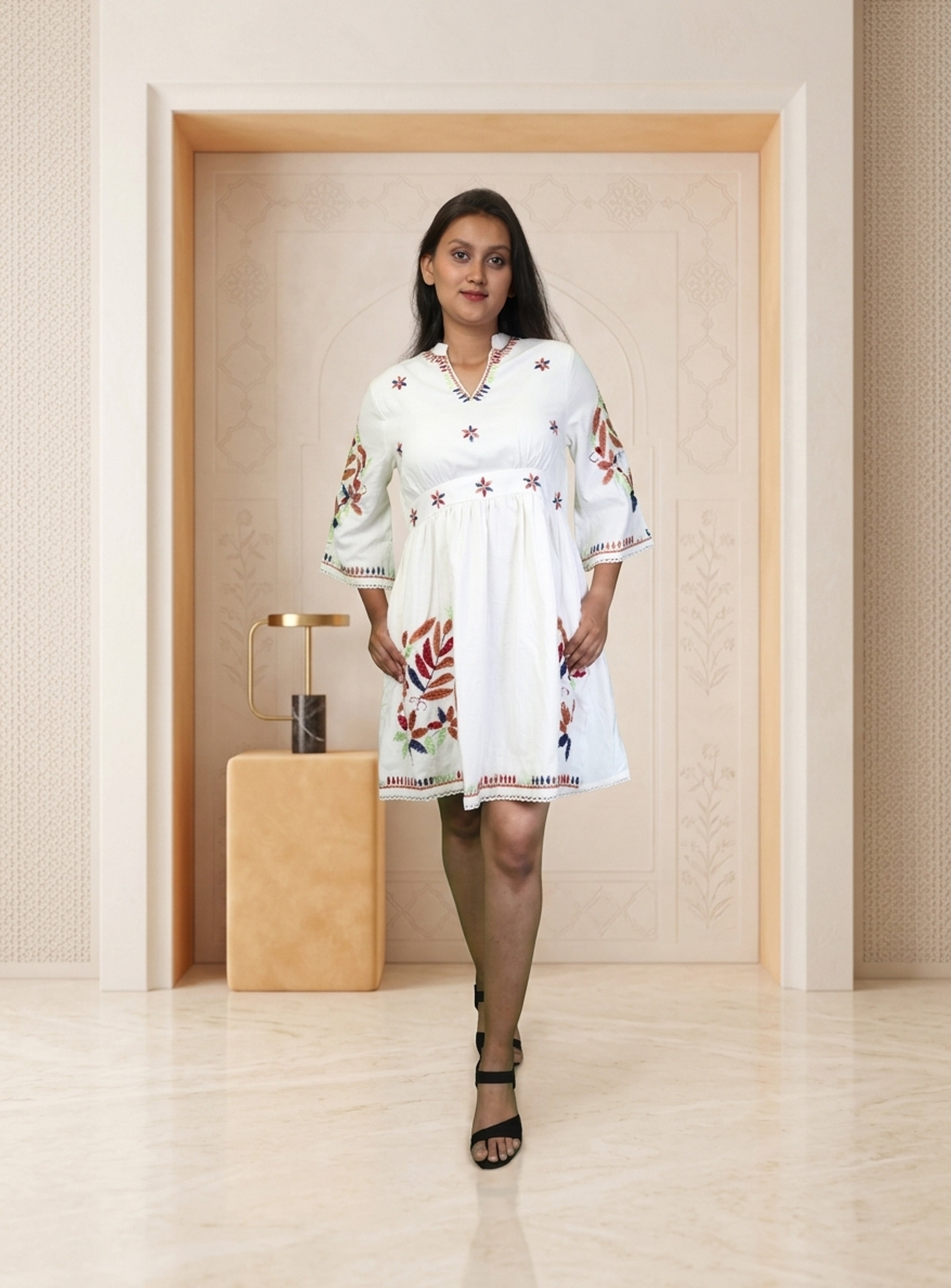 White linen thread embroidery short dress