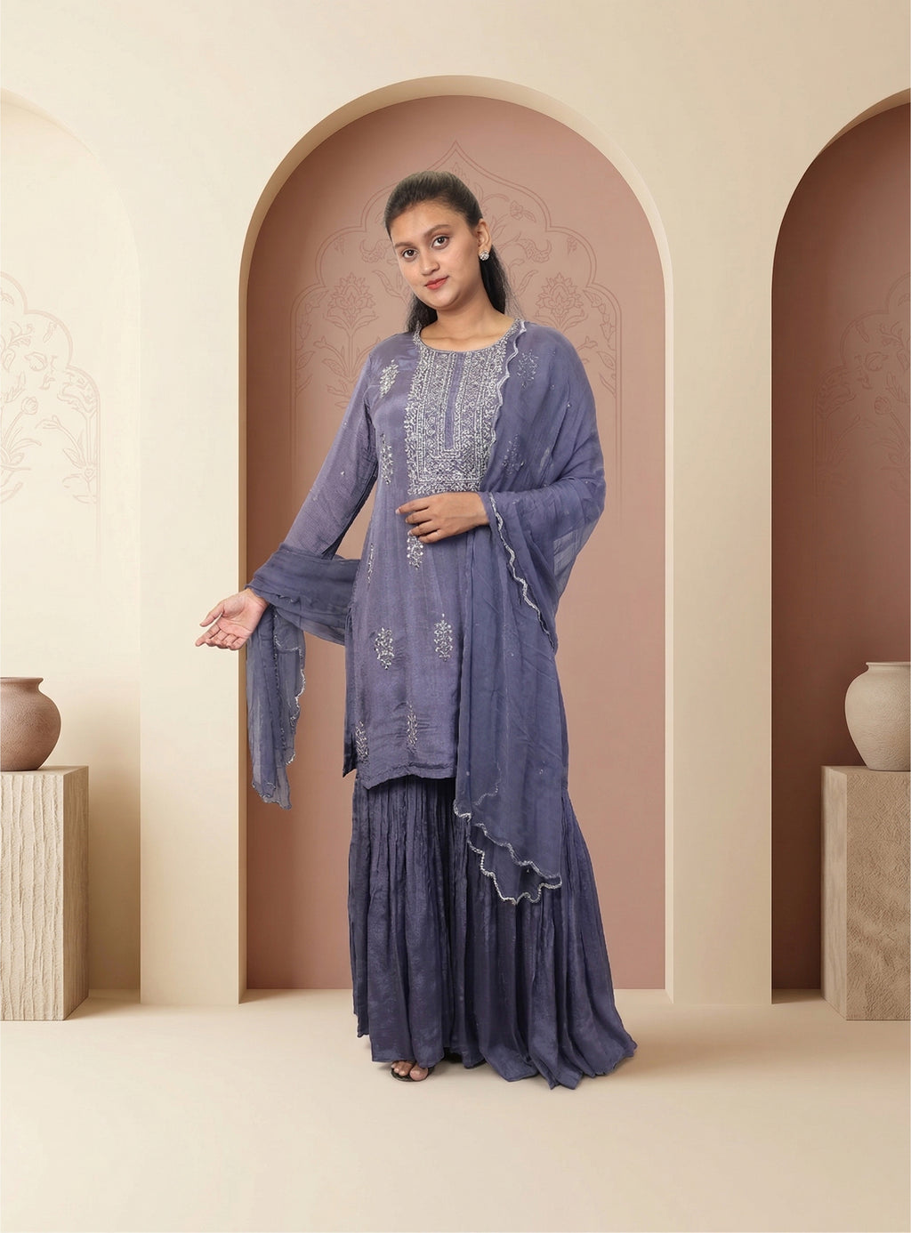 Mauve chinon handwork garara with dupatta