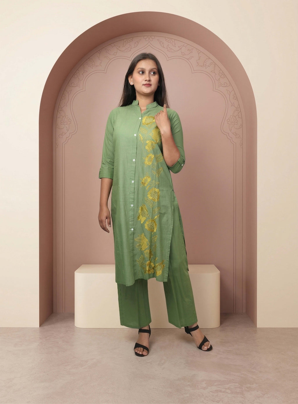 Green thread embroidery straight co-ord set