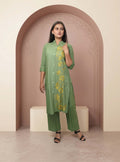 Green thread embroidery straight co-ord set