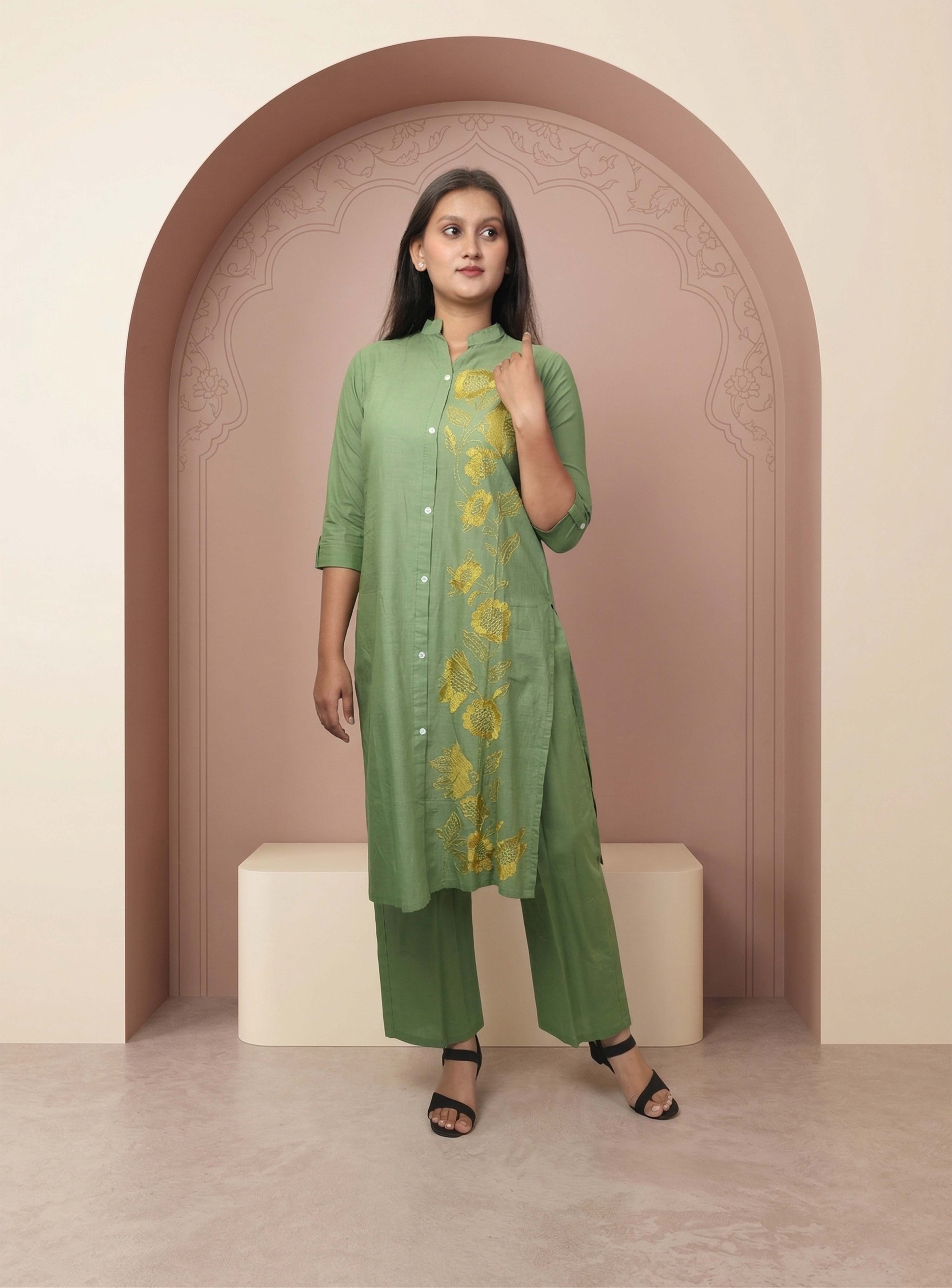 Green thread embroidery straight co-ord set