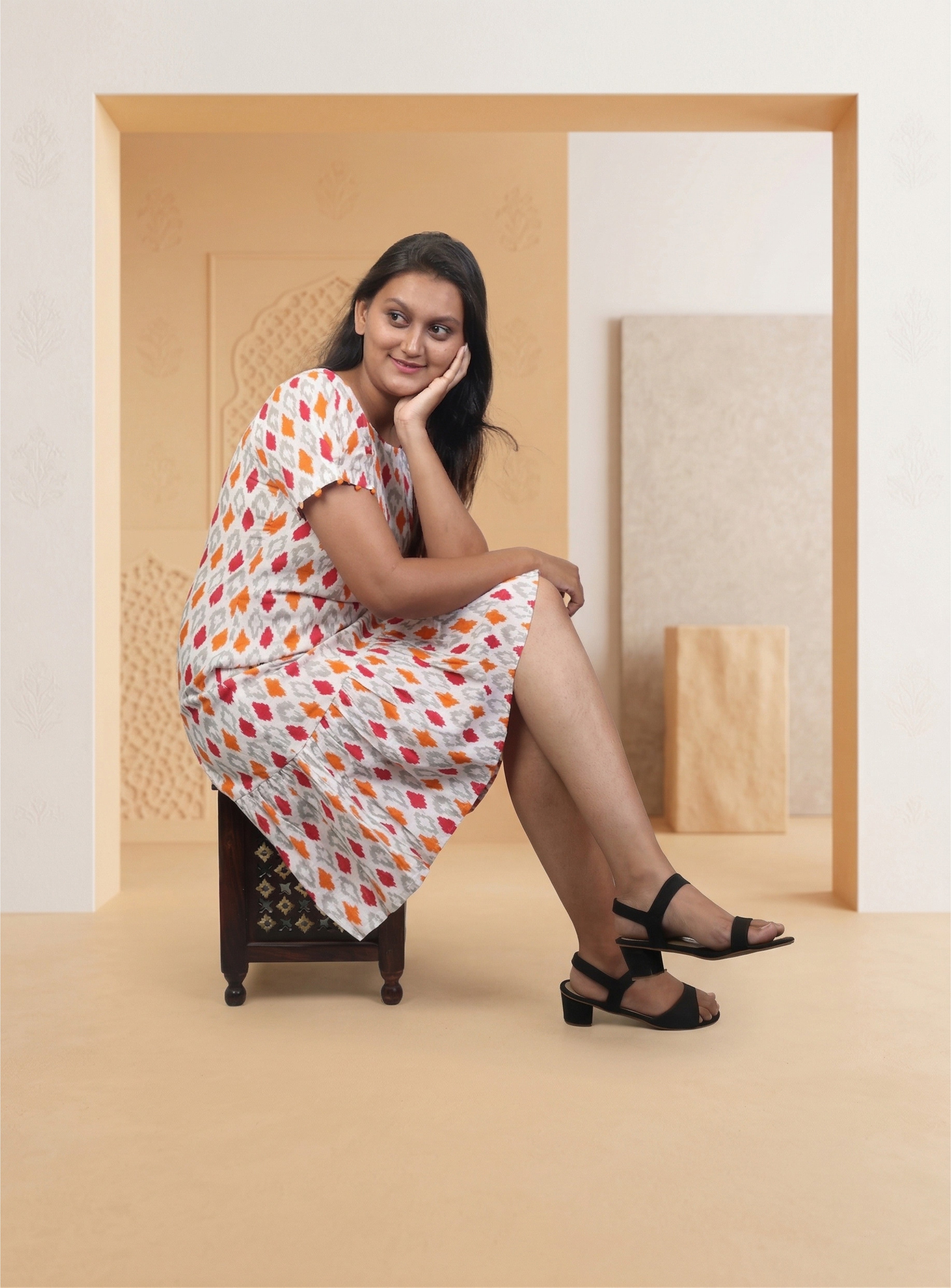 White and multicolour cotton straight dress