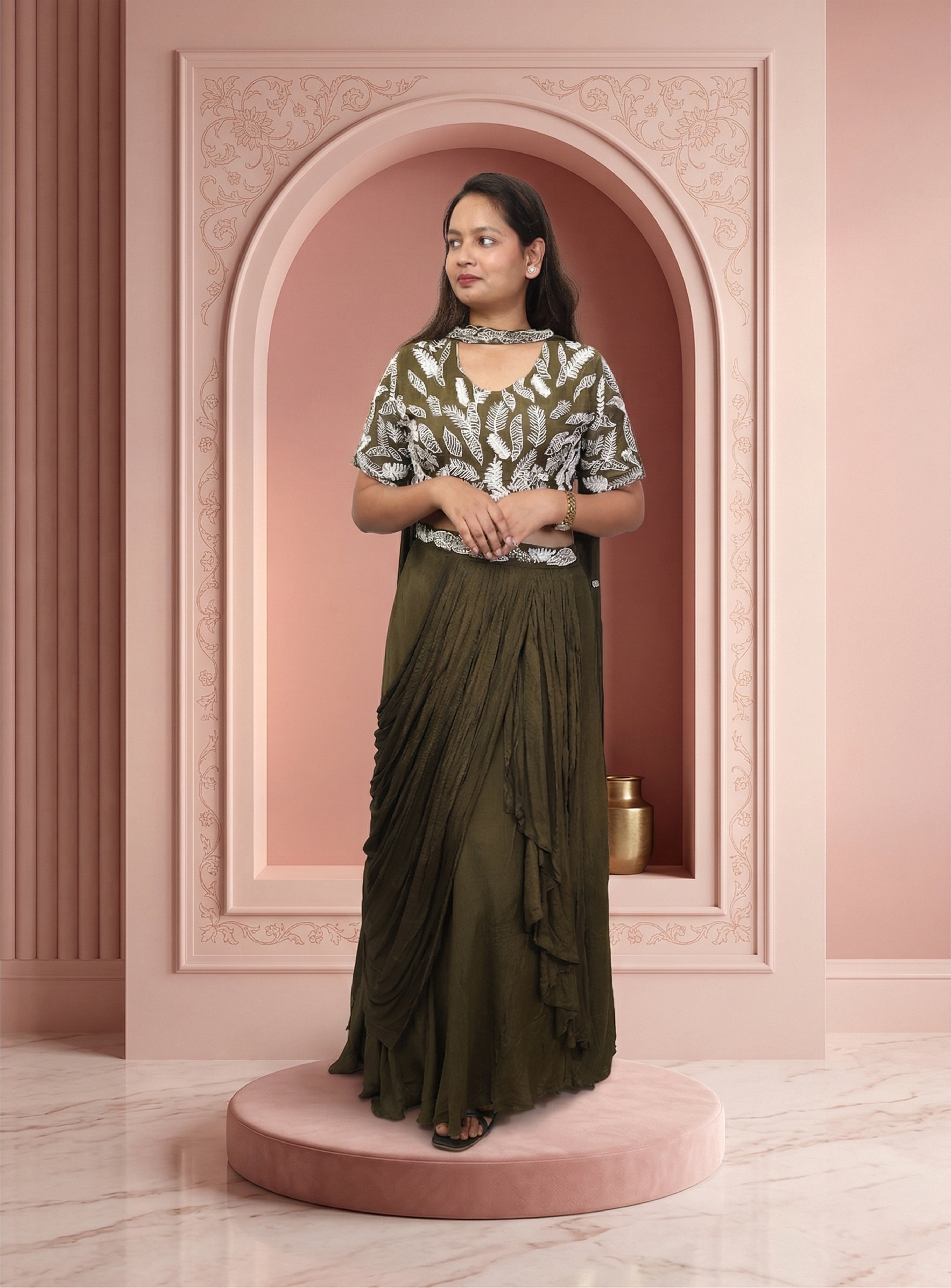 Green chinon crop-top with lehnga with dupatta