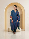 Blue warli print cotton straight suit set with block print dupatta