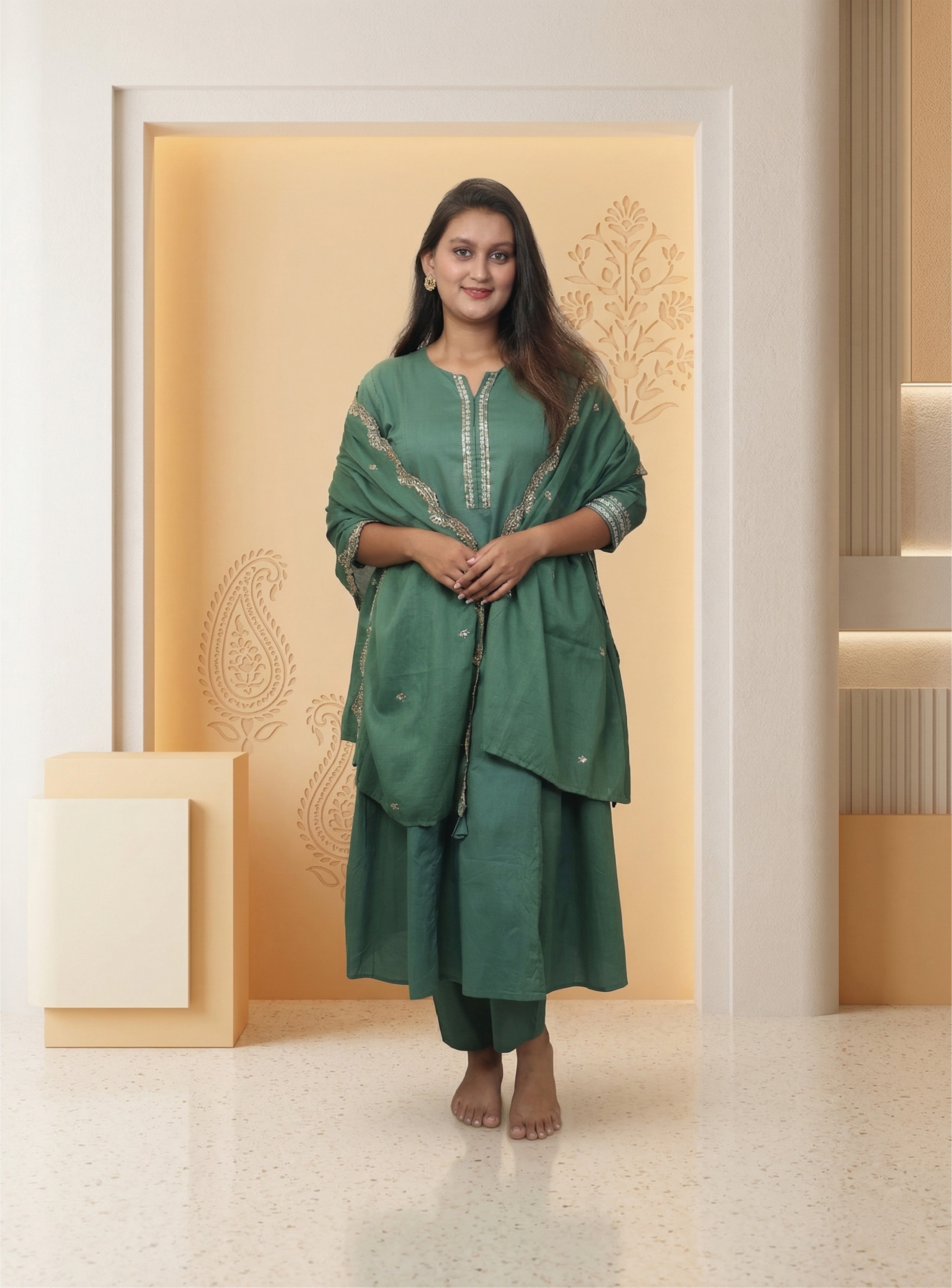 Green cotton anarkali suit-set with dupatta