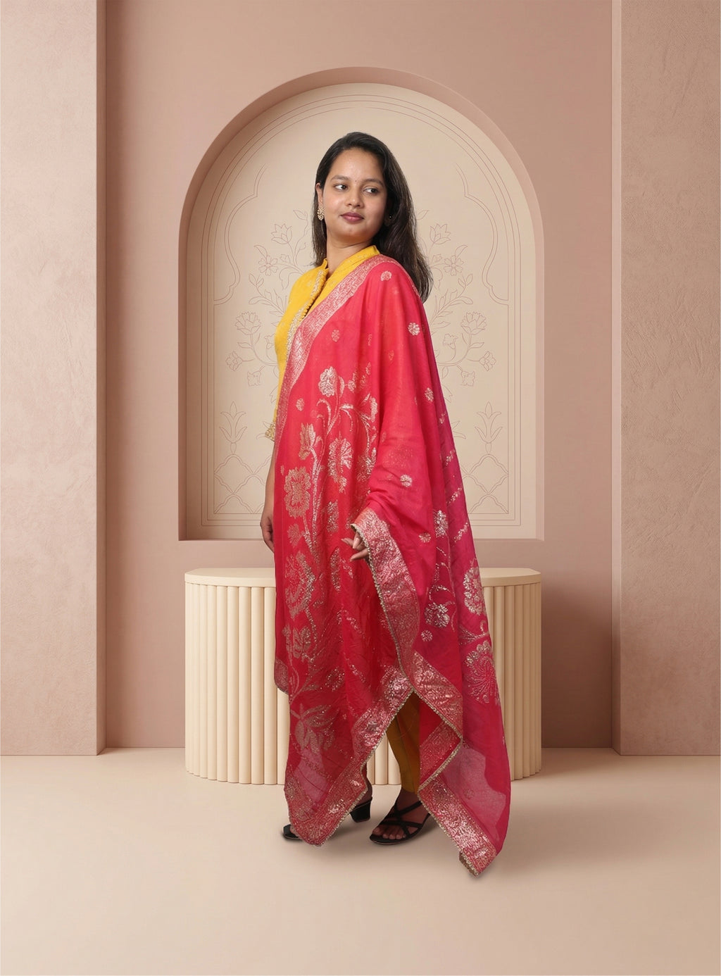 Yellow Dola silk straight suit-set with dupatta