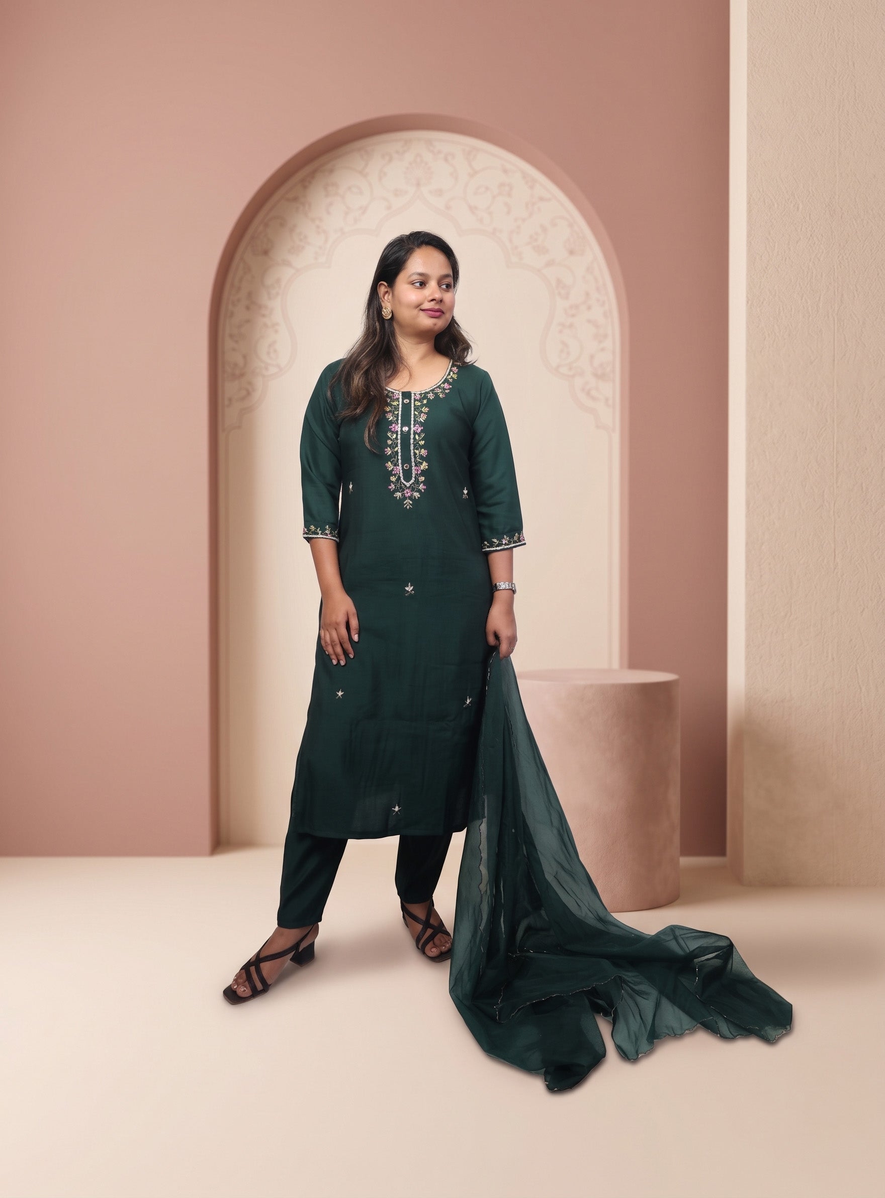 Dark Green silk blend hand work straight suit set with dupatta