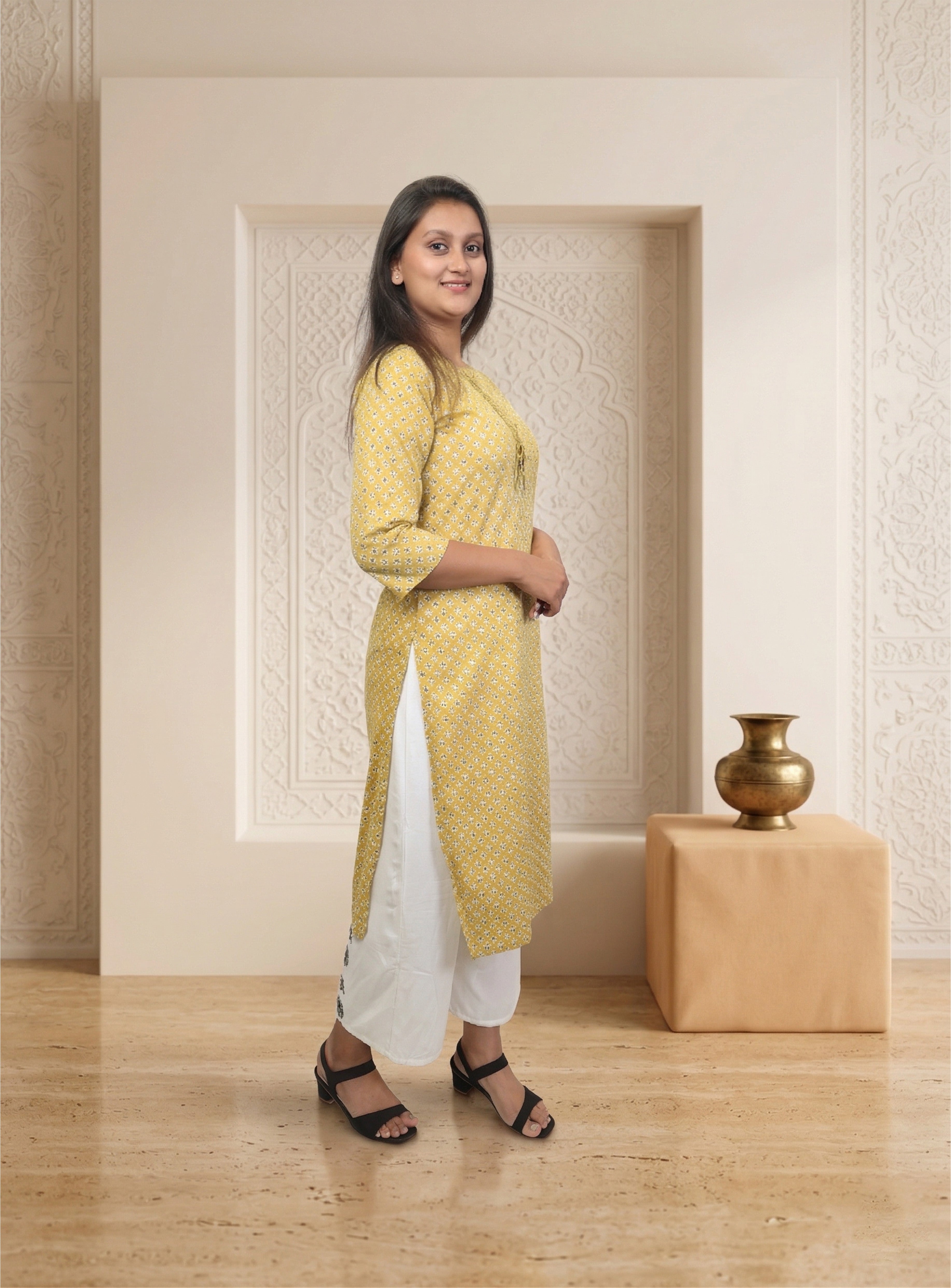 Yellow cotton straight printed kurti