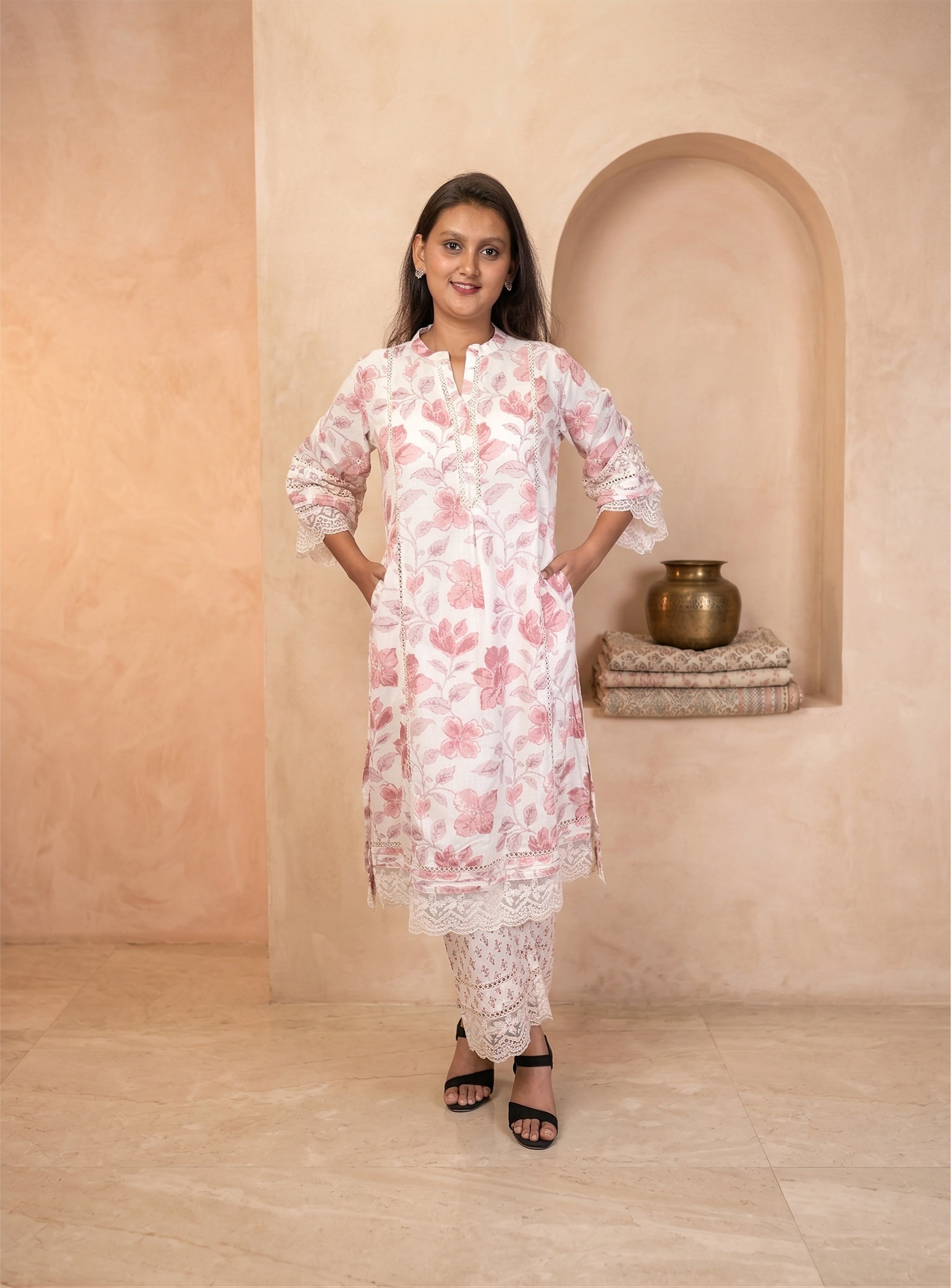 White and pink cotton floral straight suit set with dupatta
