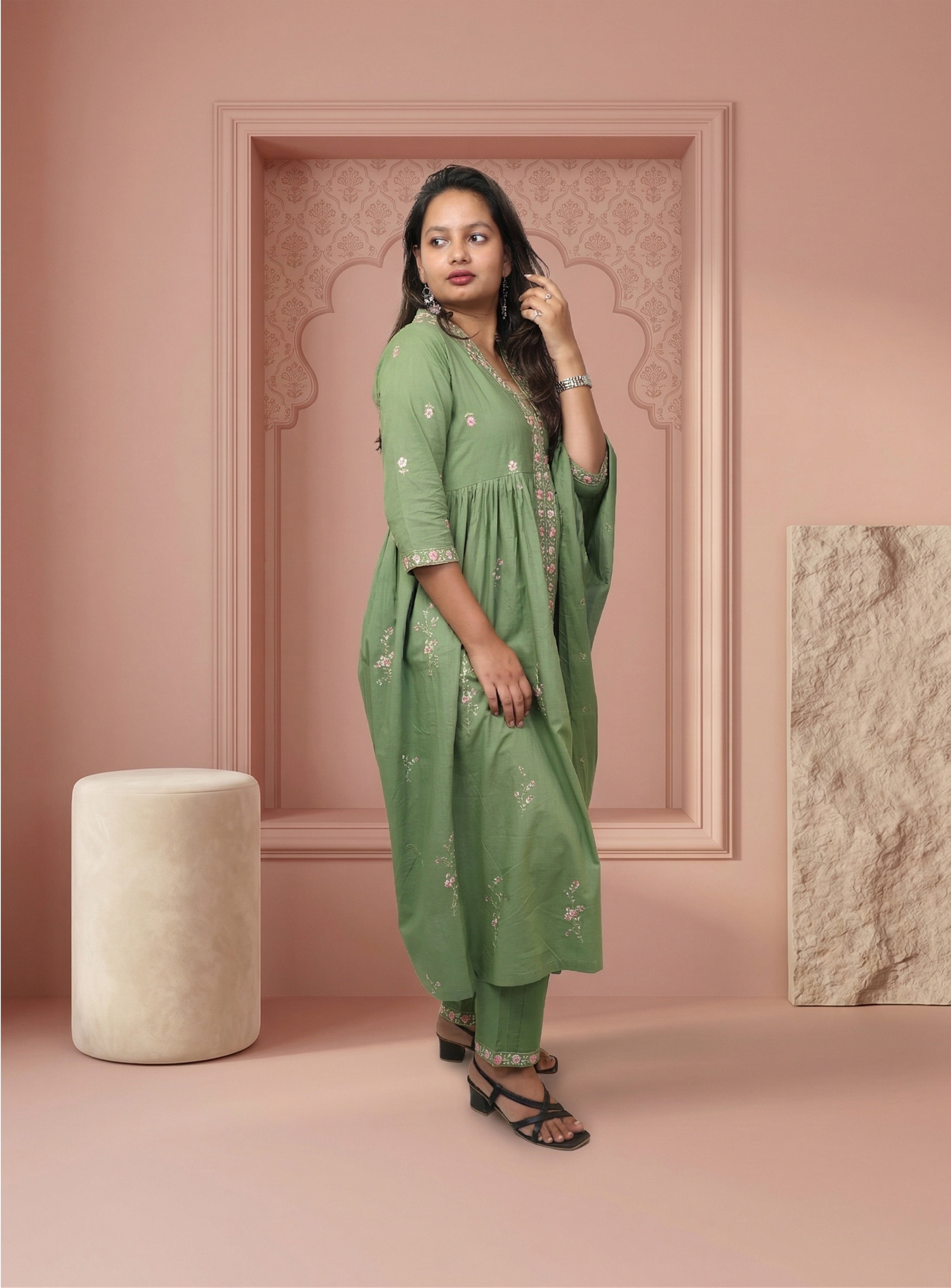 Green thread work cotton A-line suit set with dupatta