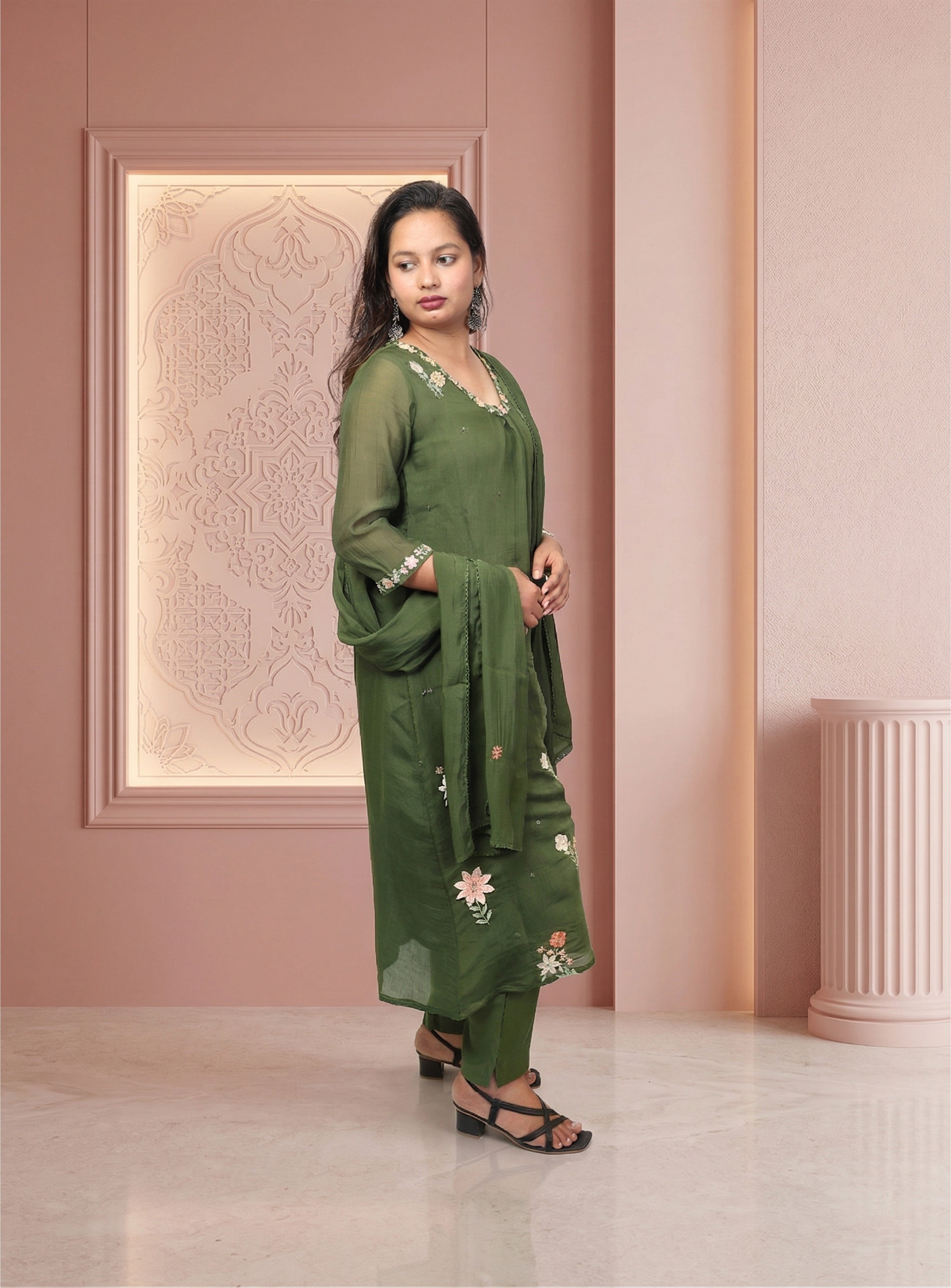 Green mul chanderi A-line suit-set with dupatta