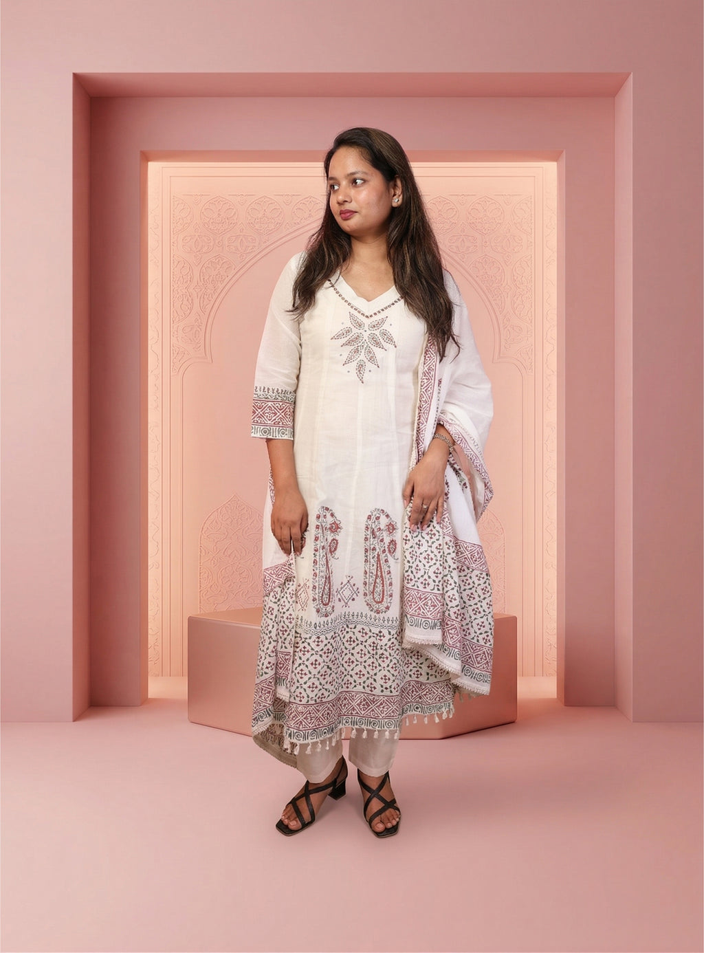 Handloom white blockprint anarkali with dupatta