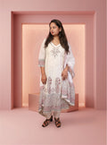 Handloom white blockprint anarkali with dupatta