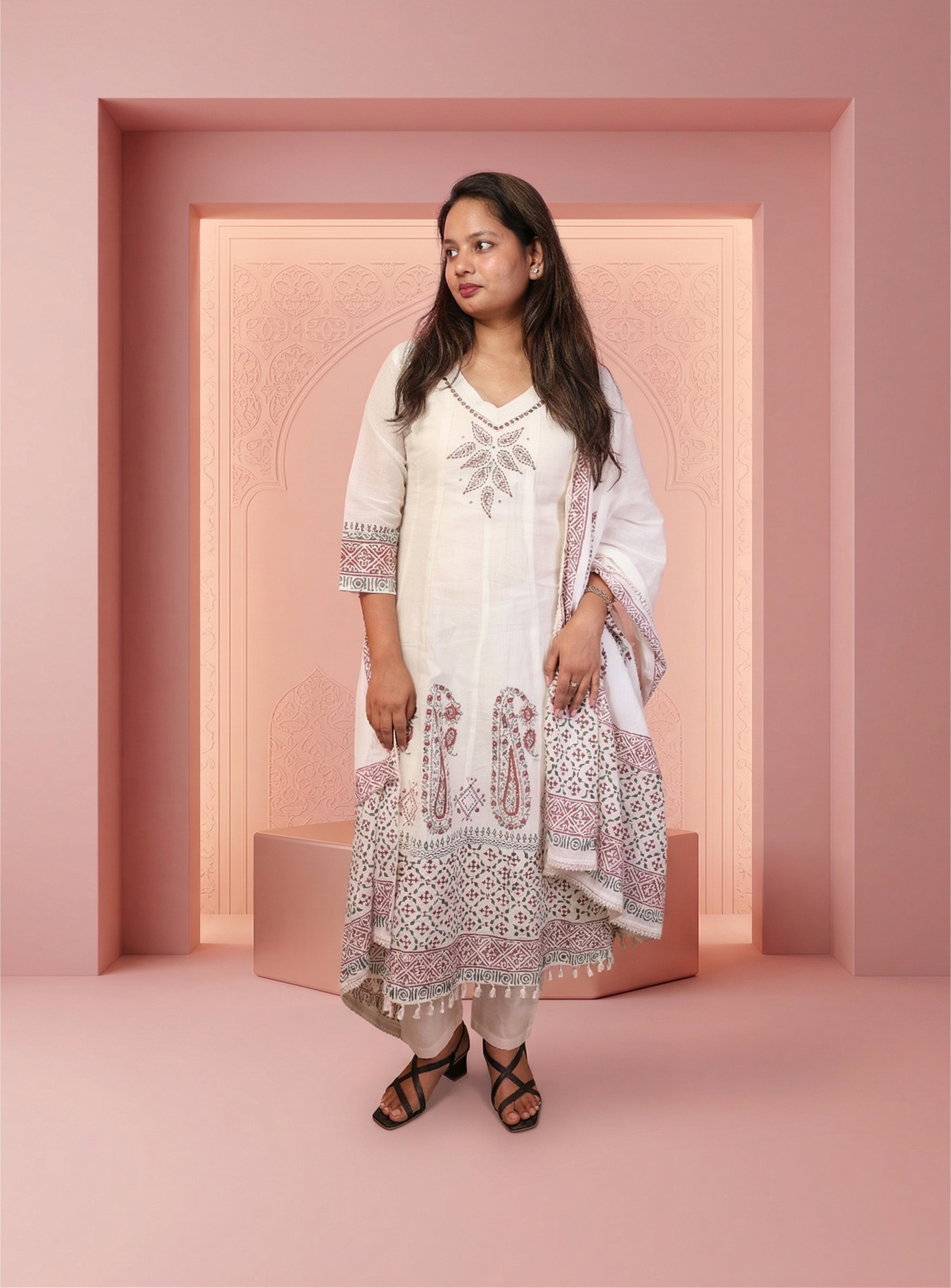 Handloom white blockprint anarkali with dupatta