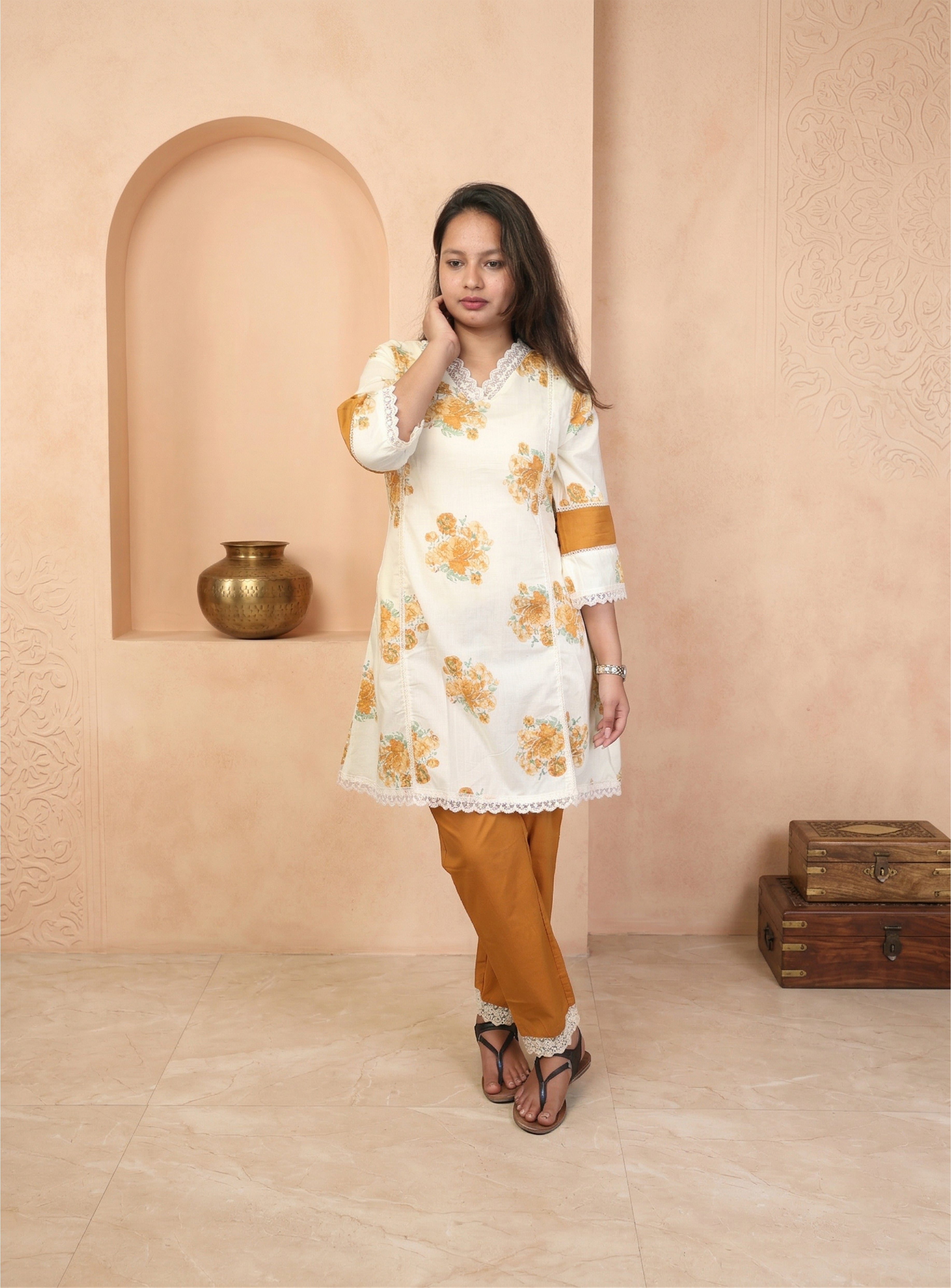 Off White Printed Cotton A- line Co-ord  set