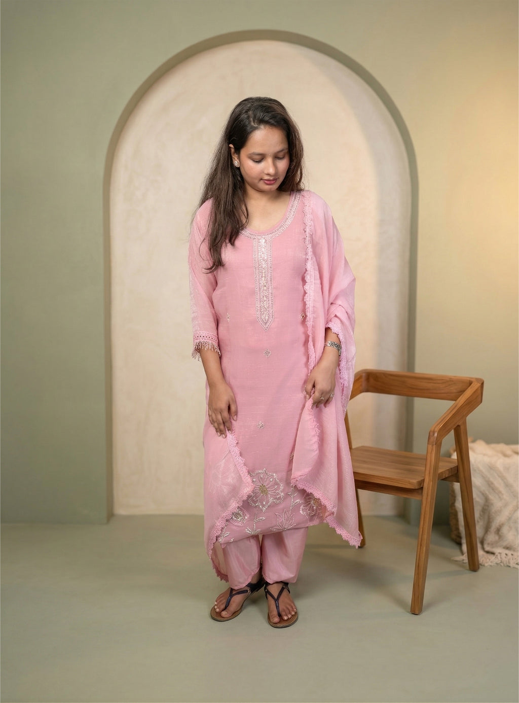 Pink tissue shimmer straight kurta with dupatta