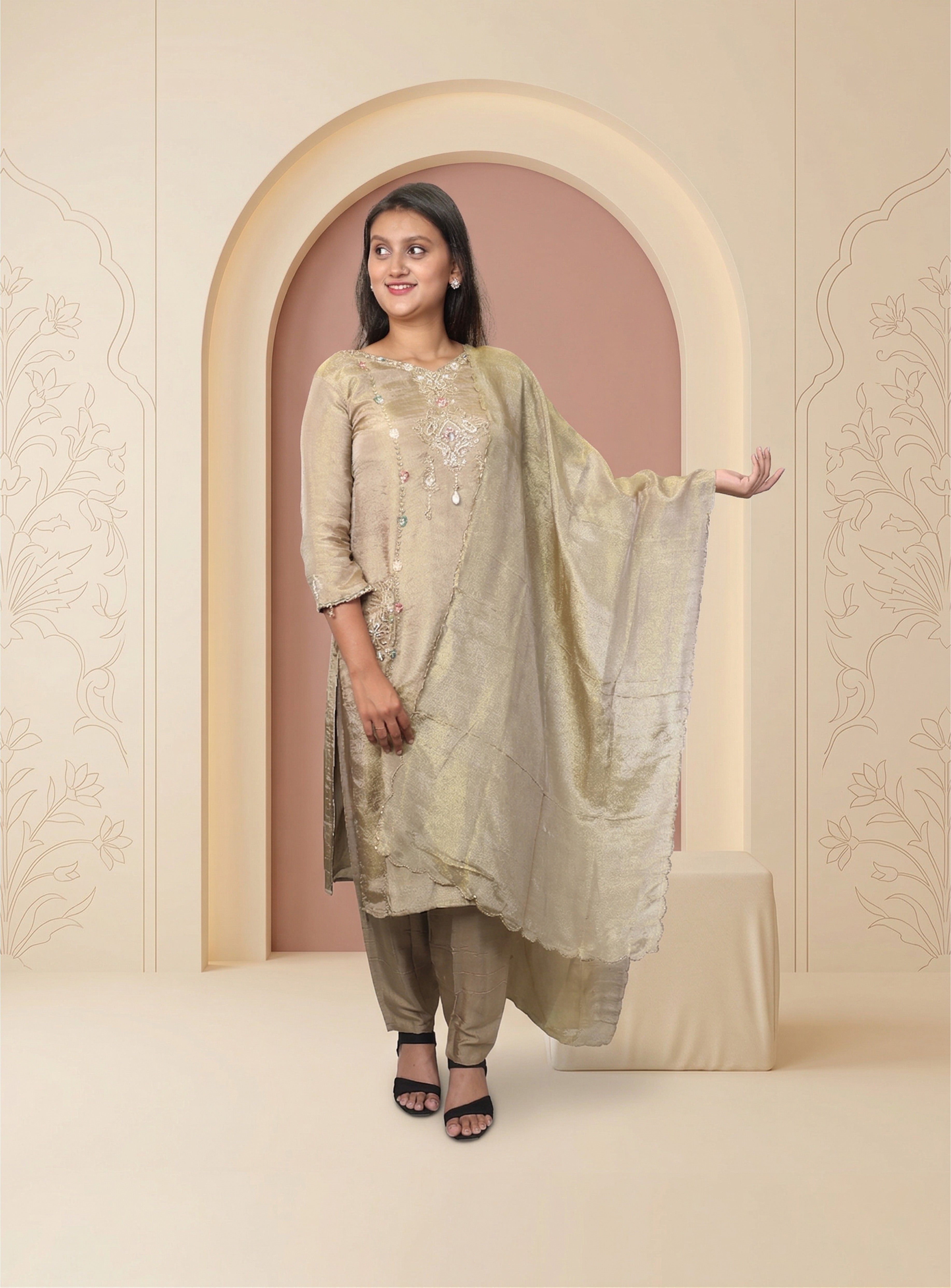 Beige tissue handwork straight suit-set  with dupatta