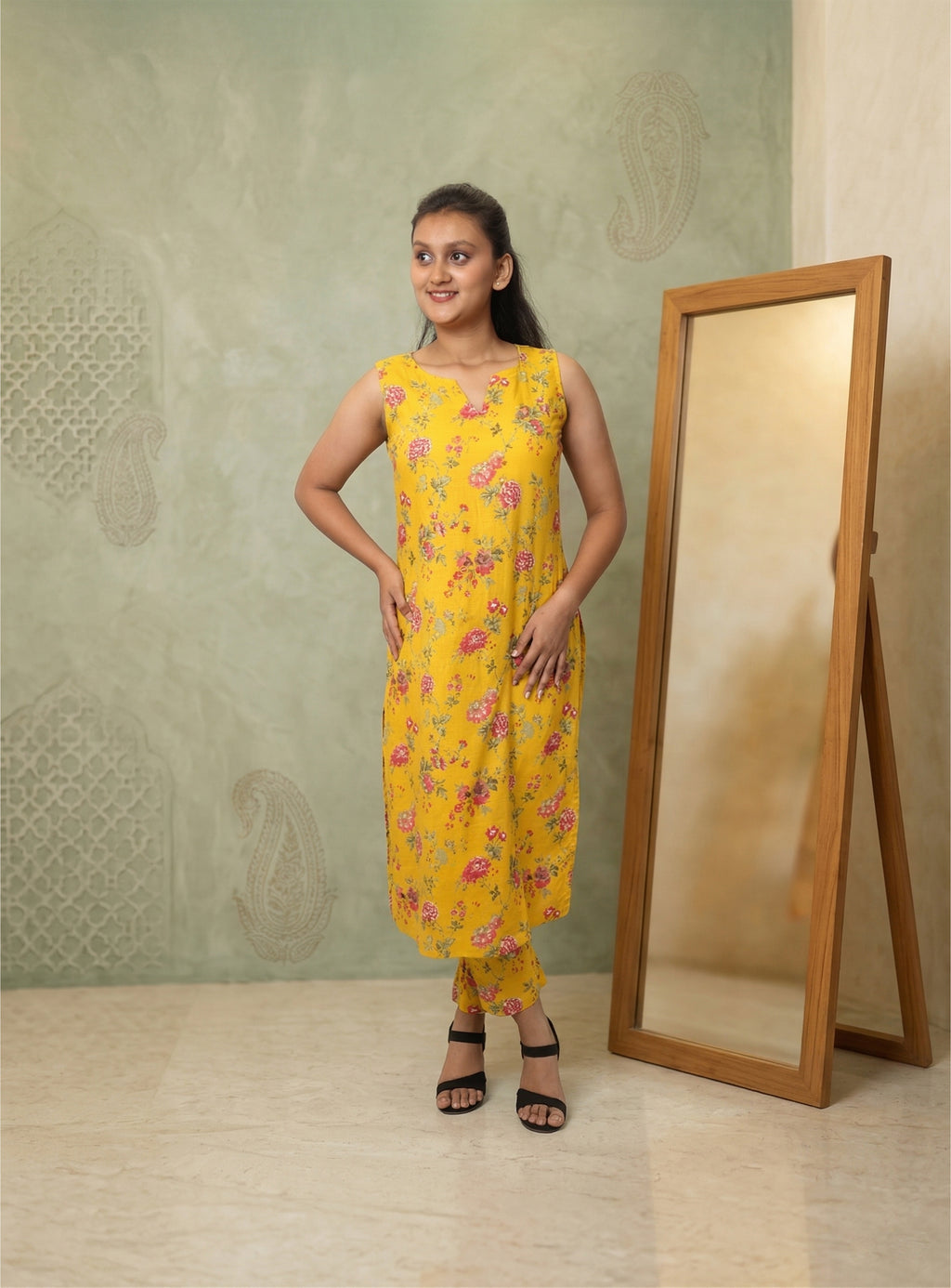 Yellow Printed Cotton straight Co-ord set