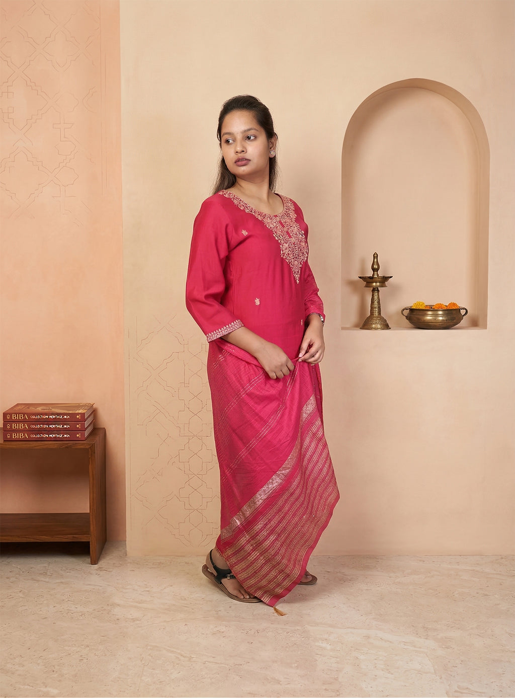 Pink silk blend straight suit set with dupatta