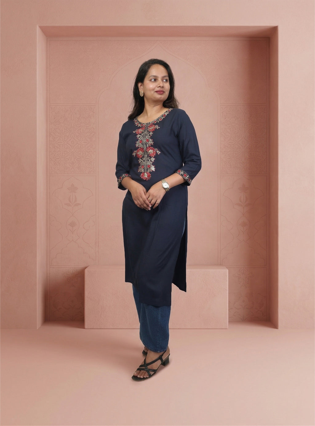 Blue embroidery silk blend straight kurta