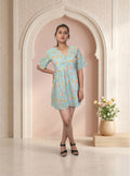 Lightblue Floral Printed cotton short dress