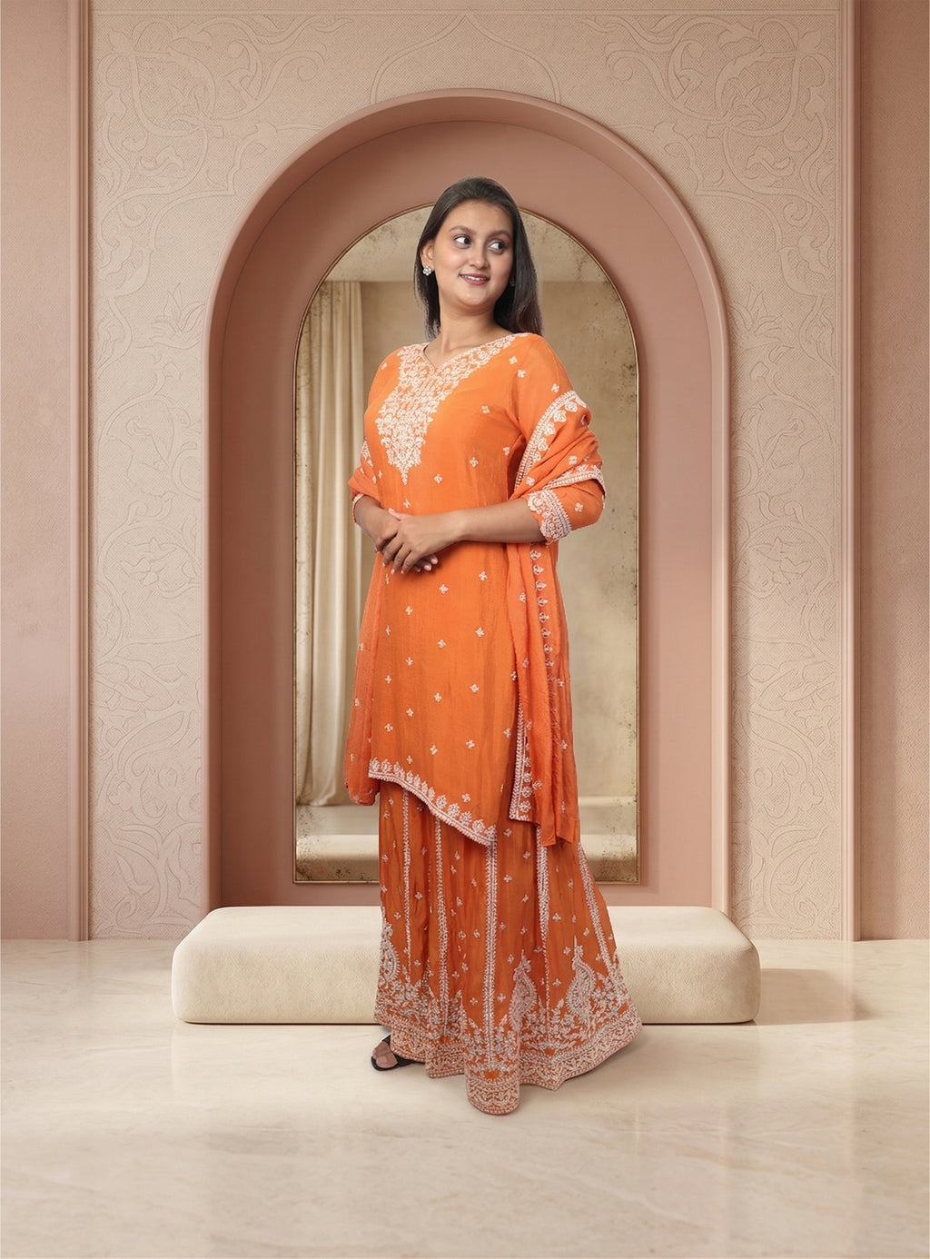 Rust orange handwork garara with dupatta