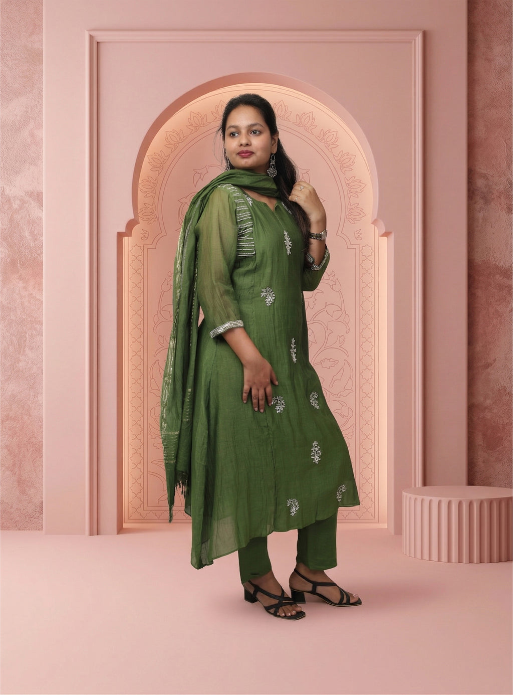 Green banarasi mul chanderi A-line handwork suit-set with dupatta