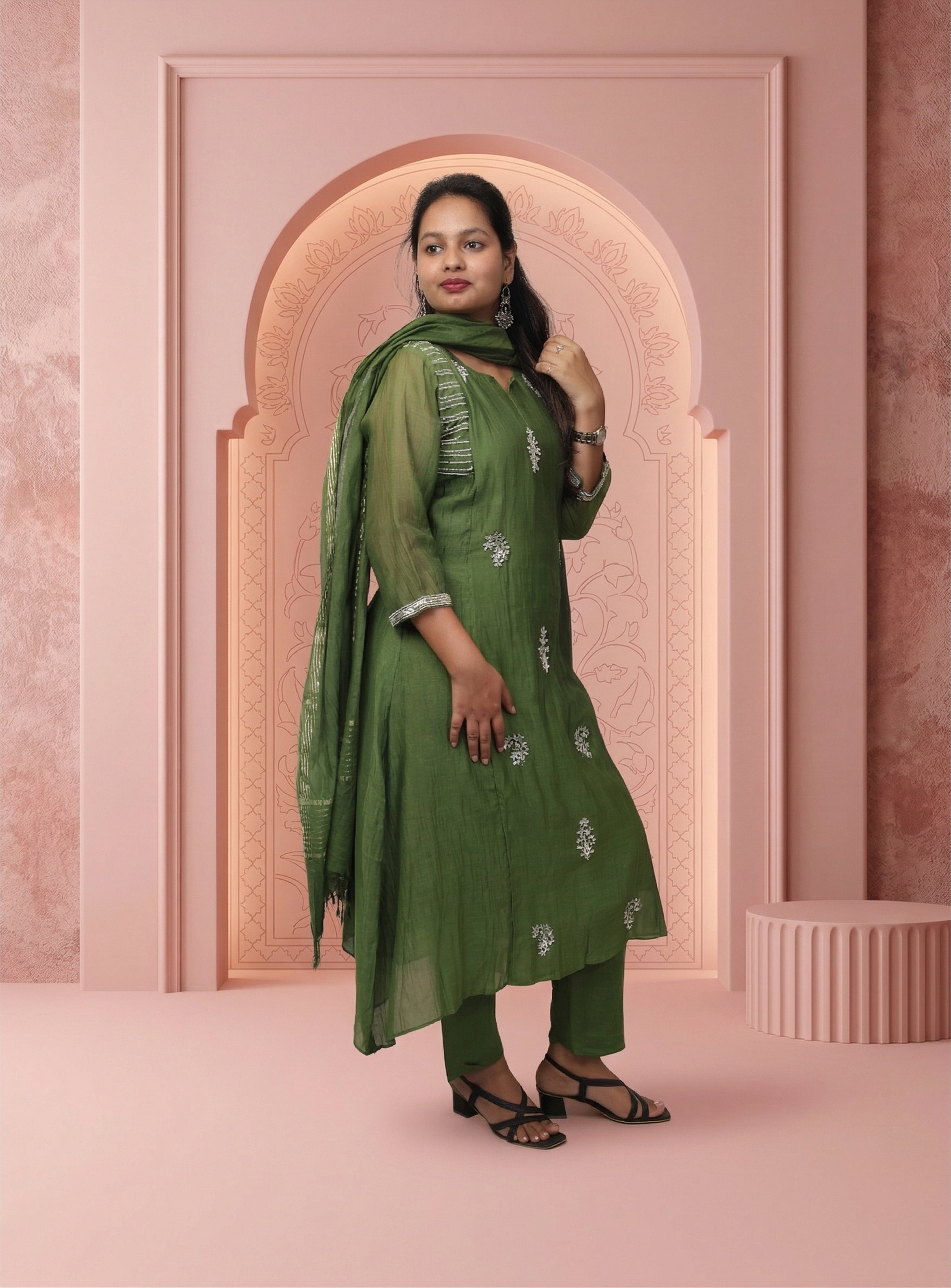 Green banarasi mul chanderi A-line handwork suit-set with dupatta