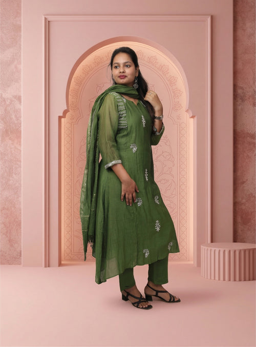 Green banarasi mul chanderi A-line handwork suit-set with dupatta