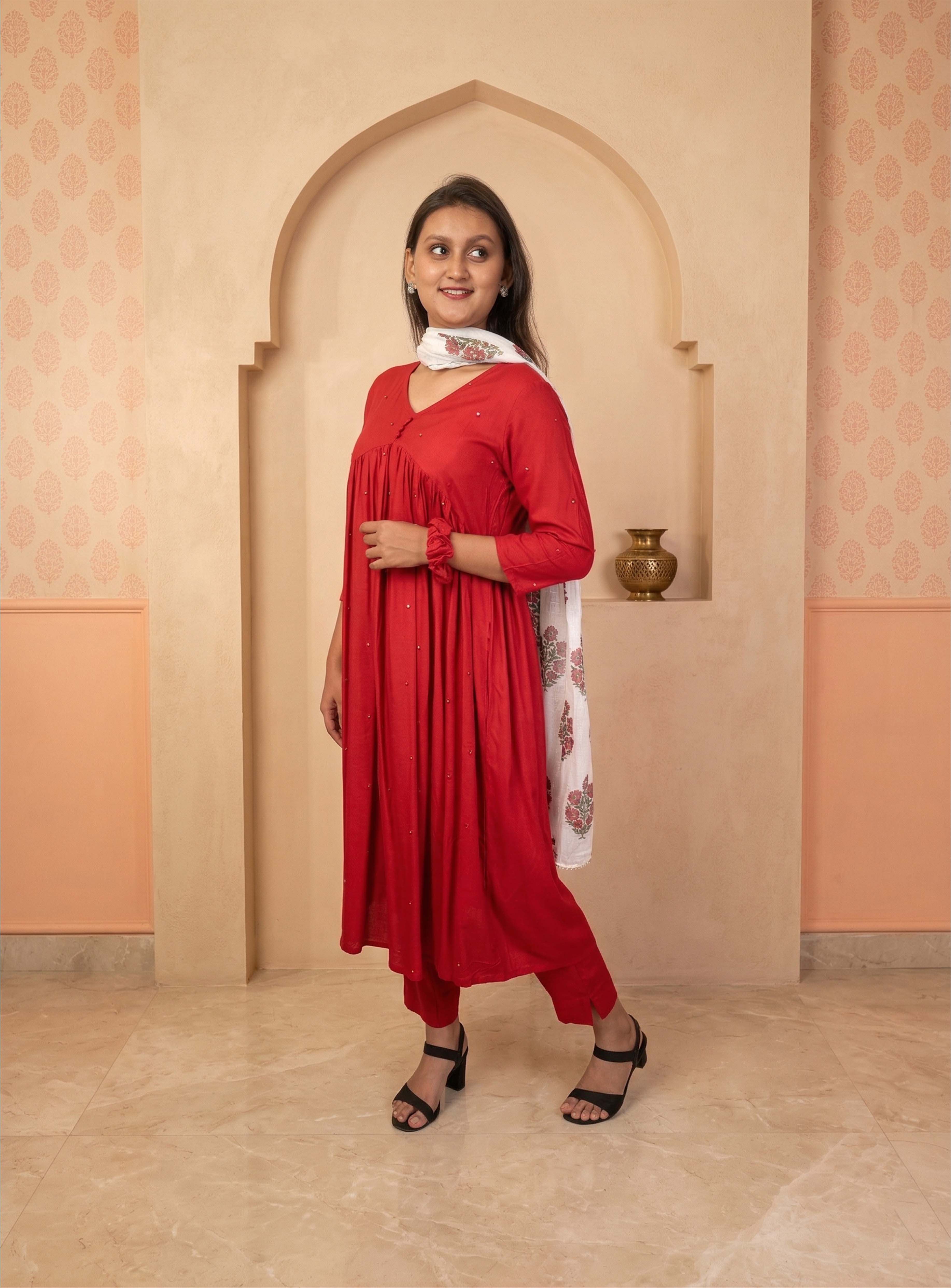 Red cotton blend anarkali suit set with dupatta