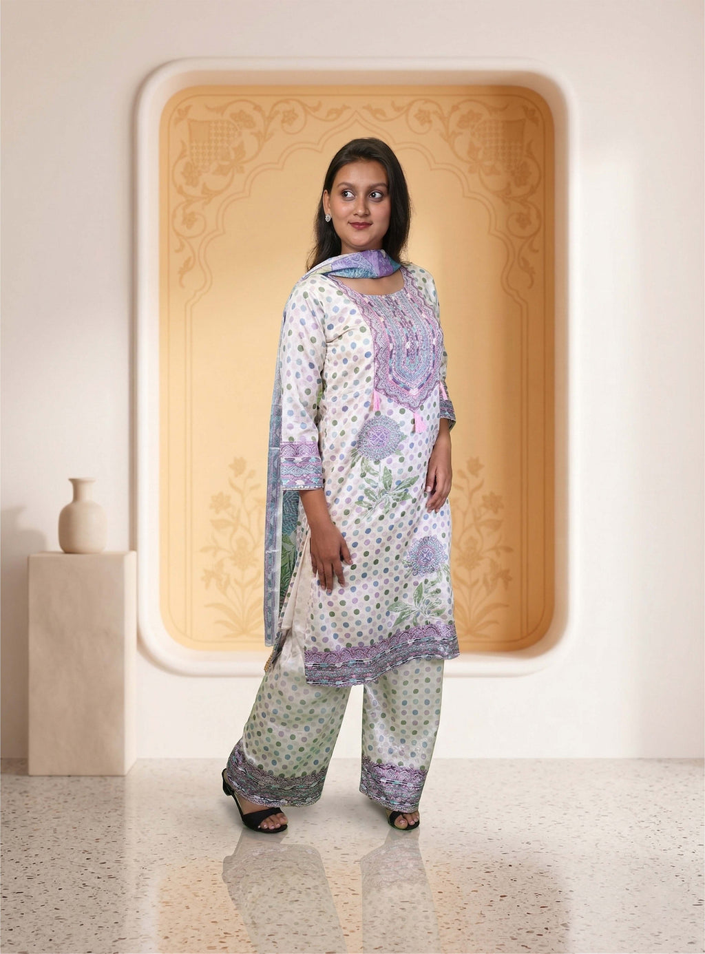 Off white polka dot straight suit set with dupatta