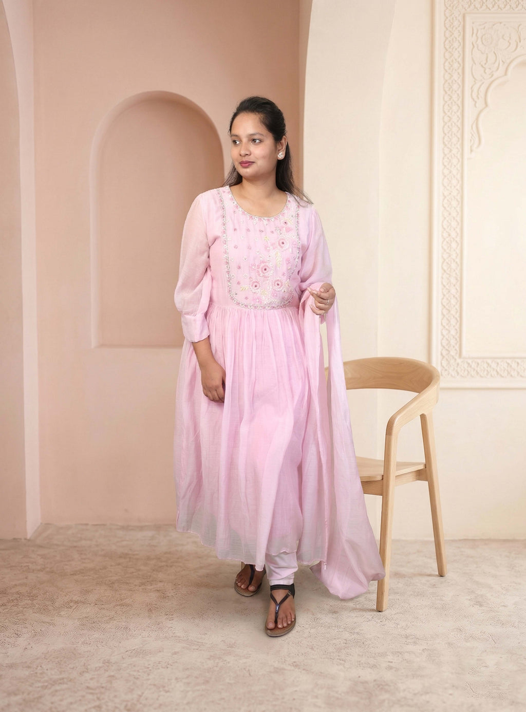 Pink Banarasi mul chanderi Anarkali set with dupatta