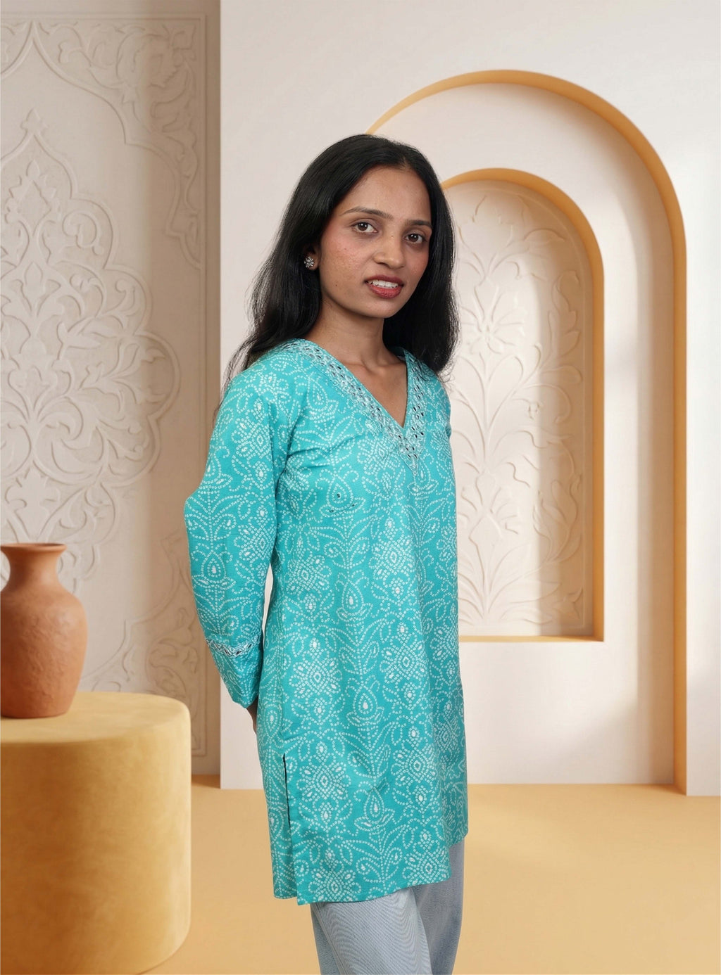 Green cotton bandhani short kurti