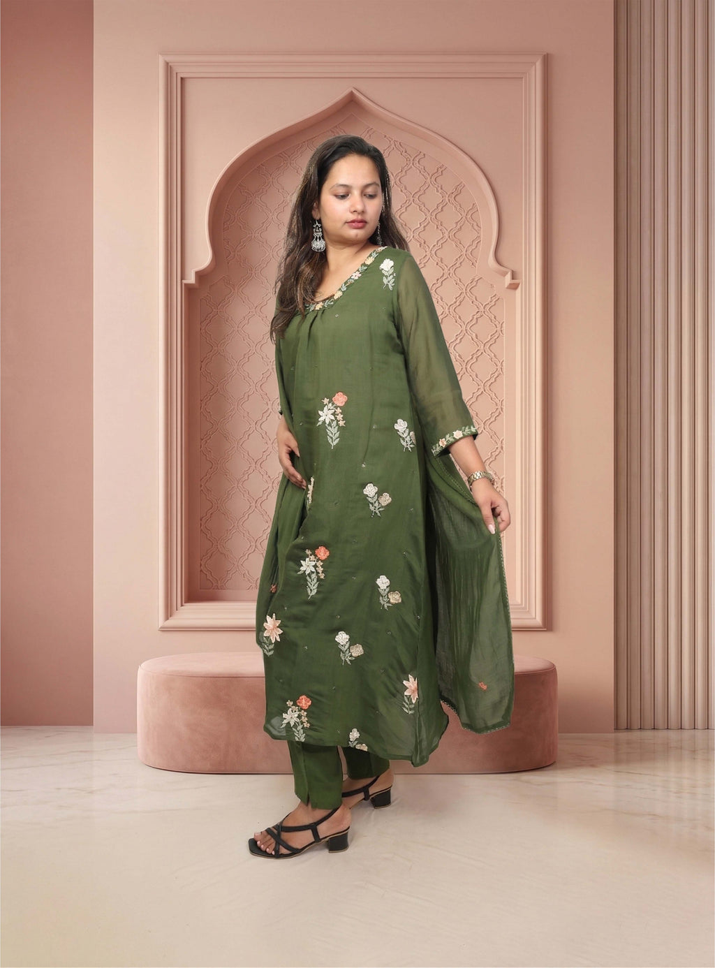 Green mul chanderi A-line suit-set with dupatta
